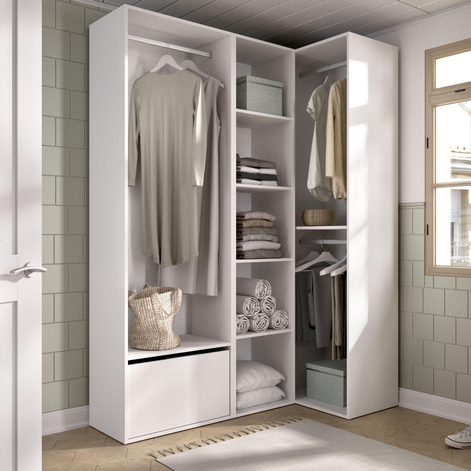 Armadio angolare 145x205h cm bianco ed effetto rovere naturale con vani a giorno e scarpiera - Bernac