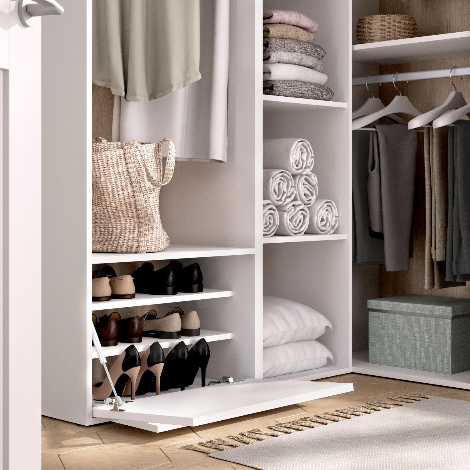 Armadio angolare 145x205h cm bianco ed effetto rovere naturale con vani a giorno e scarpiera - Bernac