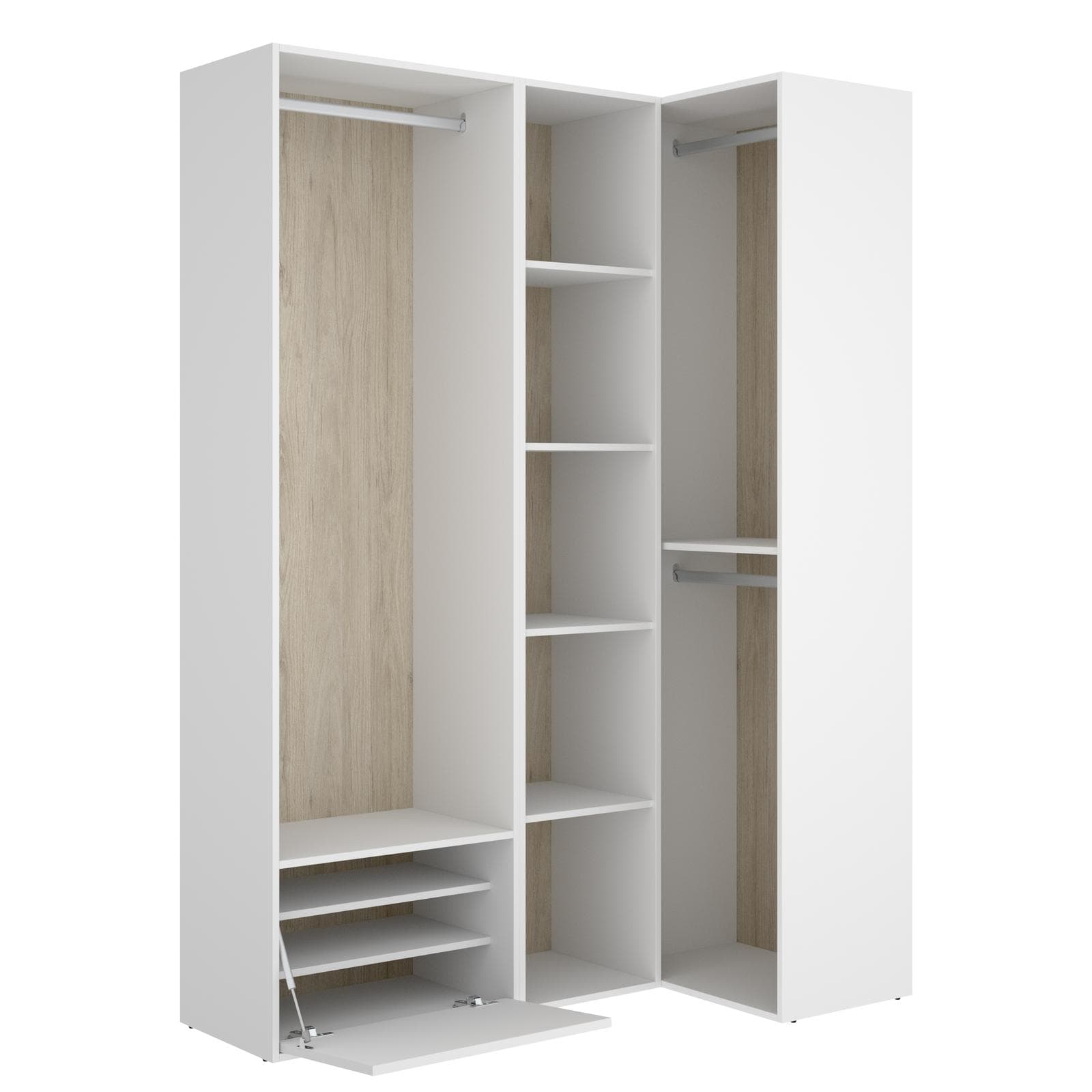 Armadio angolare 145x205h cm bianco ed effetto rovere naturale con vani a giorno e scarpiera - Bernac
