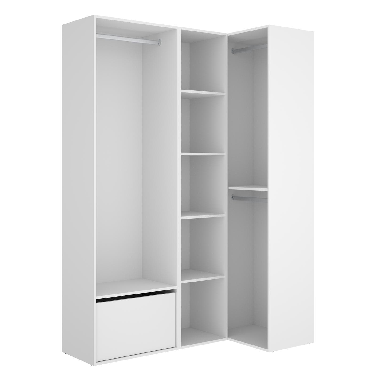Armadio angolare 145x205h cm bianco ed effetto rovere naturale con vani a giorno e scarpiera - Bernac
