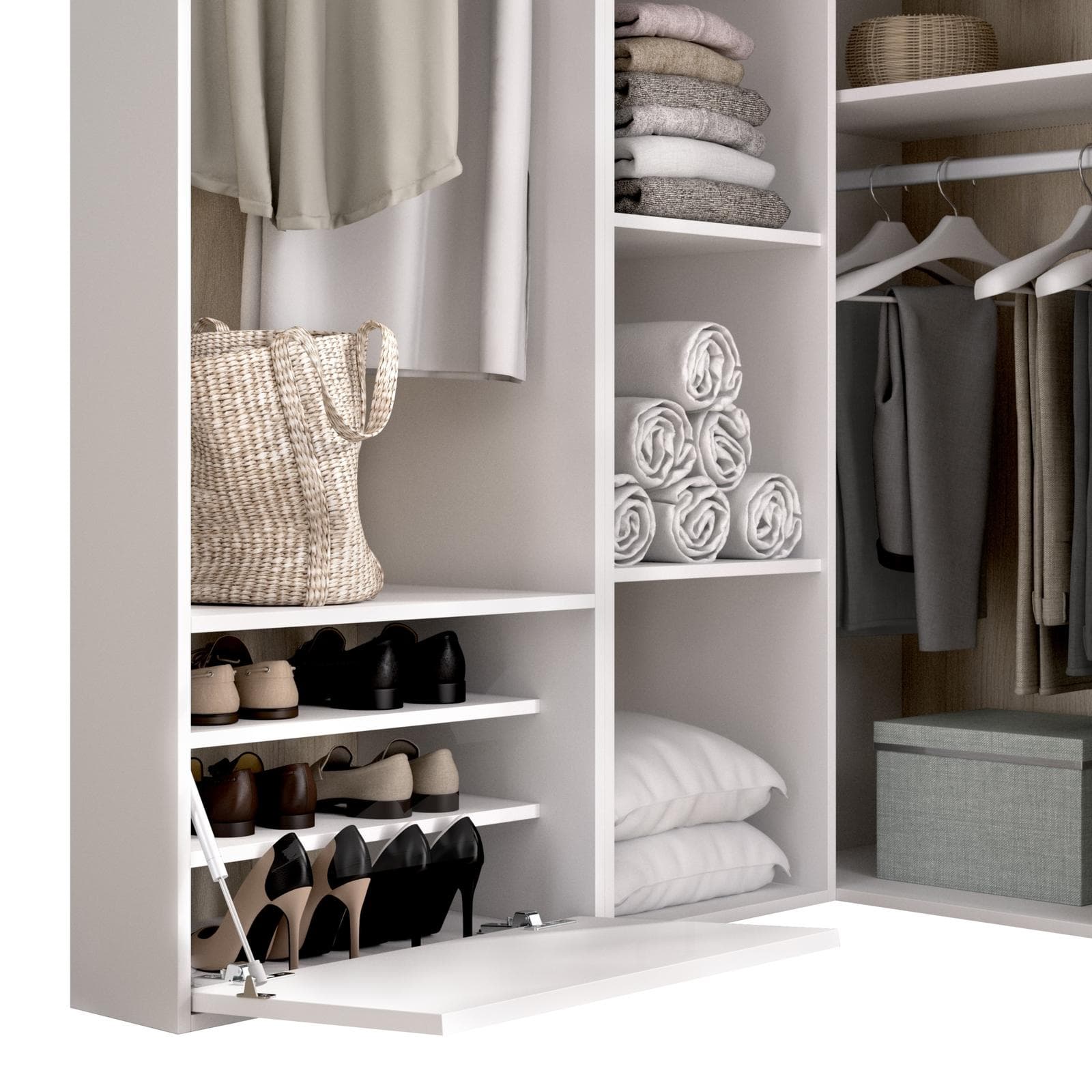 Armadio angolare 145x205h cm bianco ed effetto rovere naturale con vani a giorno e scarpiera - Bernac