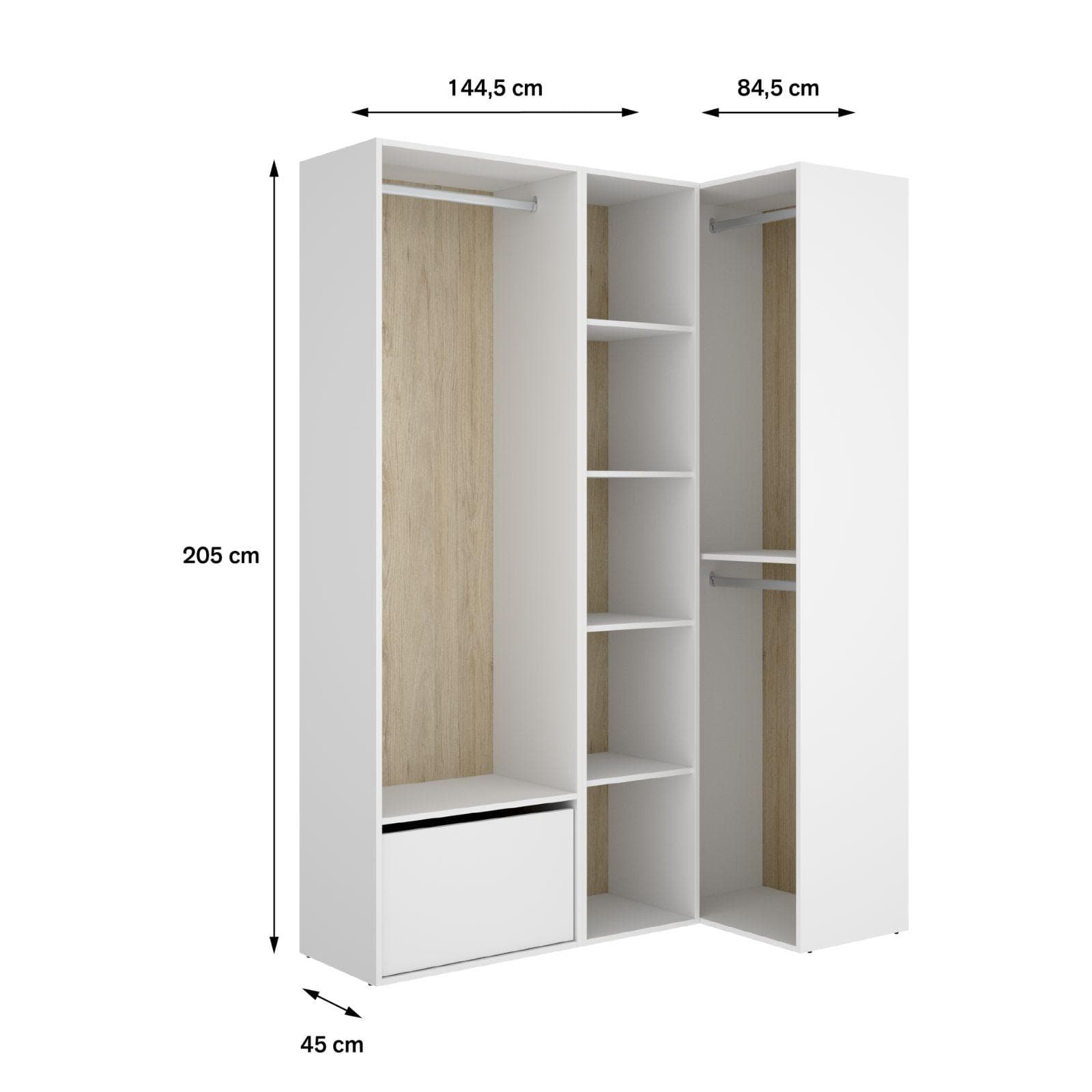 Armadio angolare 145x205h cm bianco ed effetto rovere naturale con vani a giorno e scarpiera - Bernac