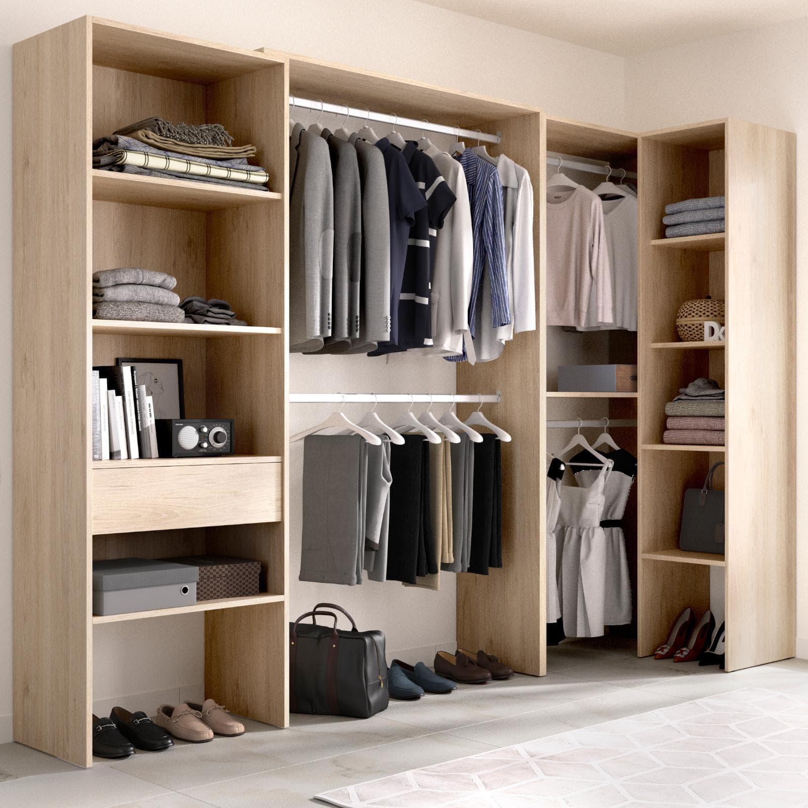 Armadio angolare regolabile 248-198x187 h cm in rovere naturale con vani a giorno - Bernac