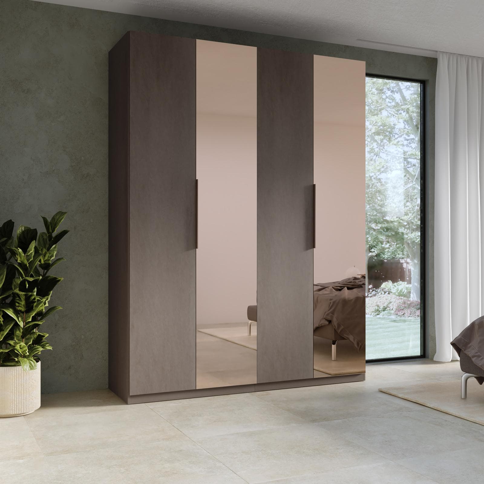 Armadio battente 183x240h cm 4 ante reversibili con 2 specchi bronzati e soft close bronzo - Codey