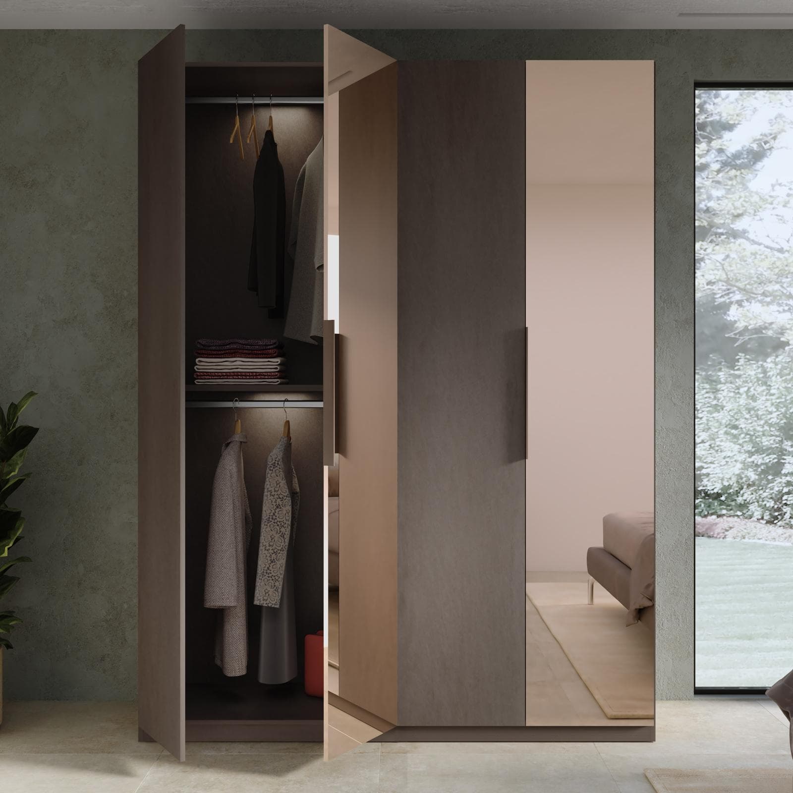 Armadio battente 183x240h cm 4 ante reversibili con 2 specchi bronzati e soft close bronzo - Codey