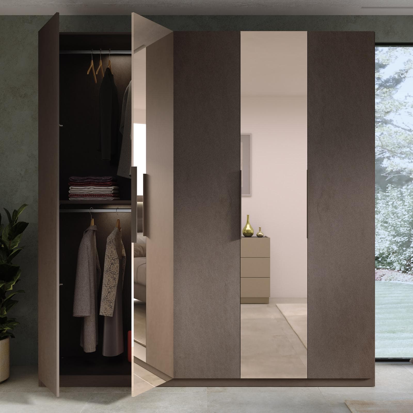 Armadio battente 228x240h cm 5 ante reversibili con soft close bronzo e 2 specchi bronzati - Codey