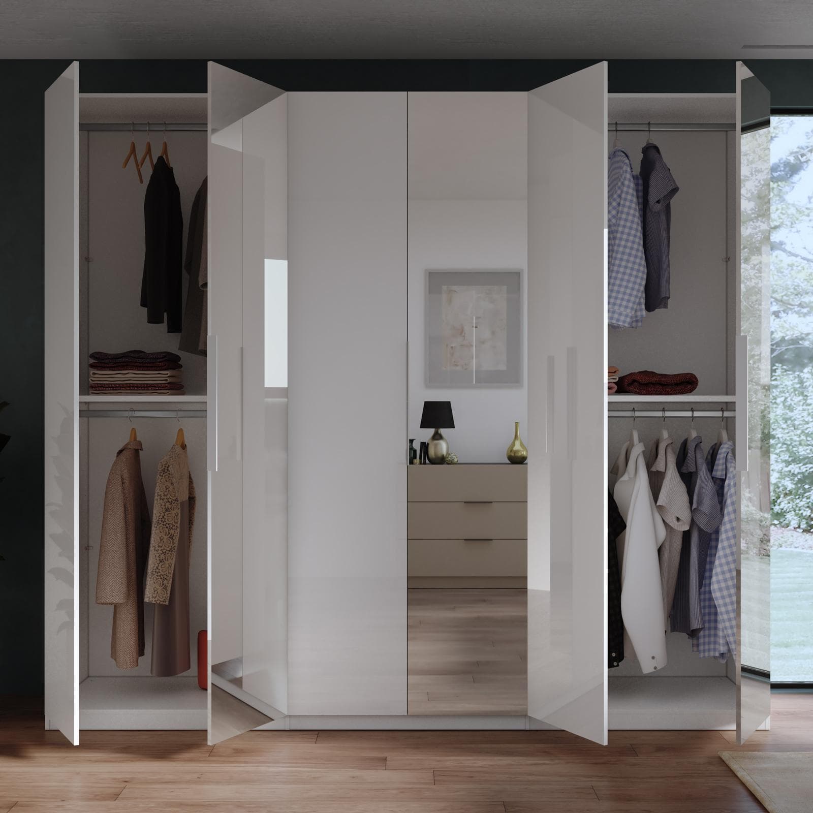 Armadio battente 273x240h cm 6 ante reversibili bianco lucido con 3 specchi e soft close- Cindy