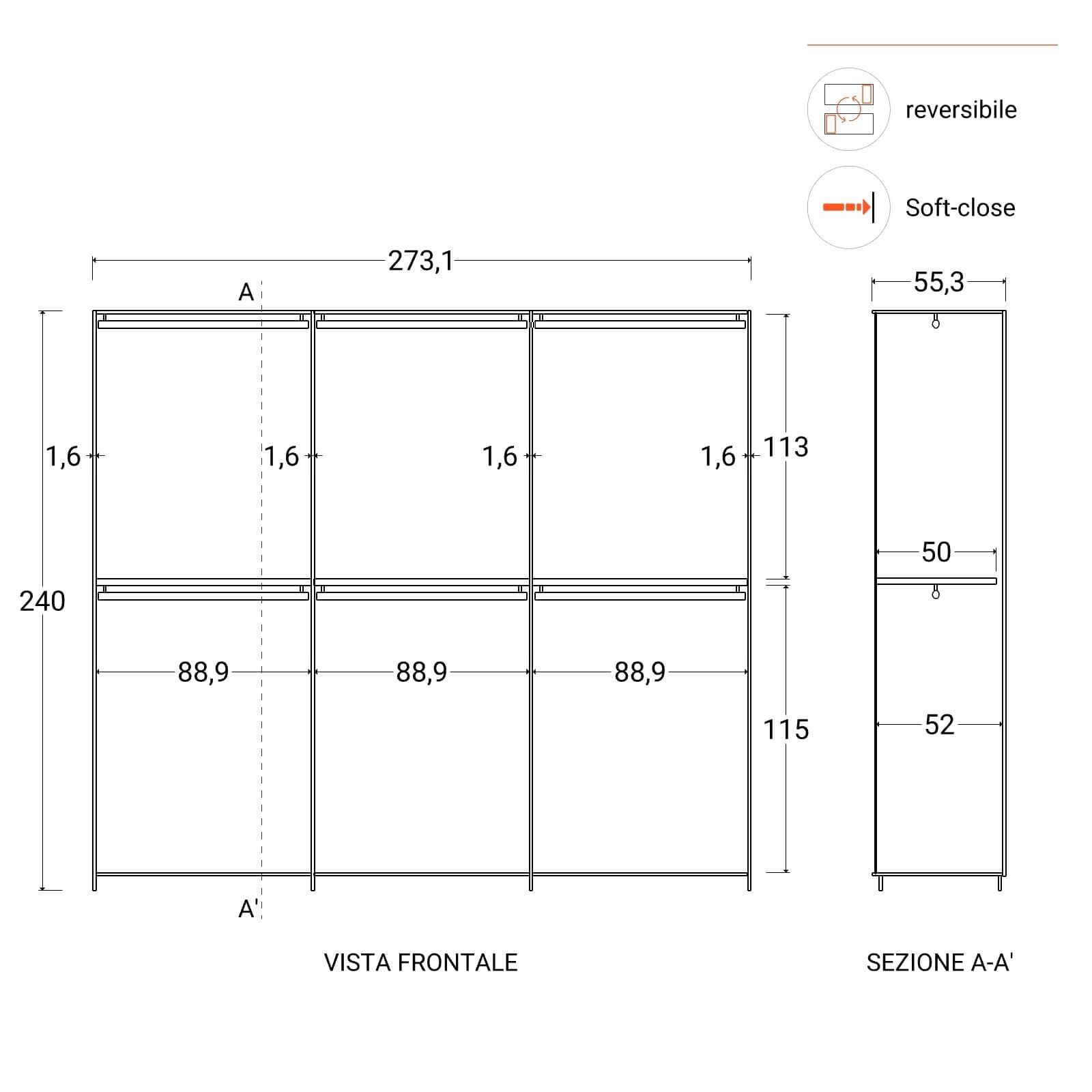 Armadio battente 273x240h cm 6 ante reversibili con soft close bronzo - Codey