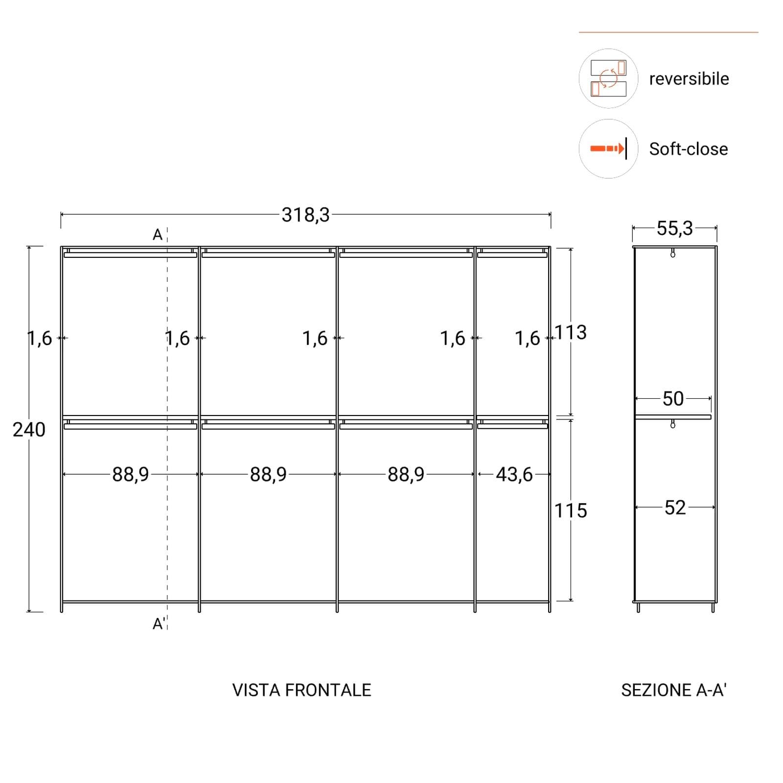 Armadio battente 318x240h cm 7 ante reversibili con soft close bronzo - Codey