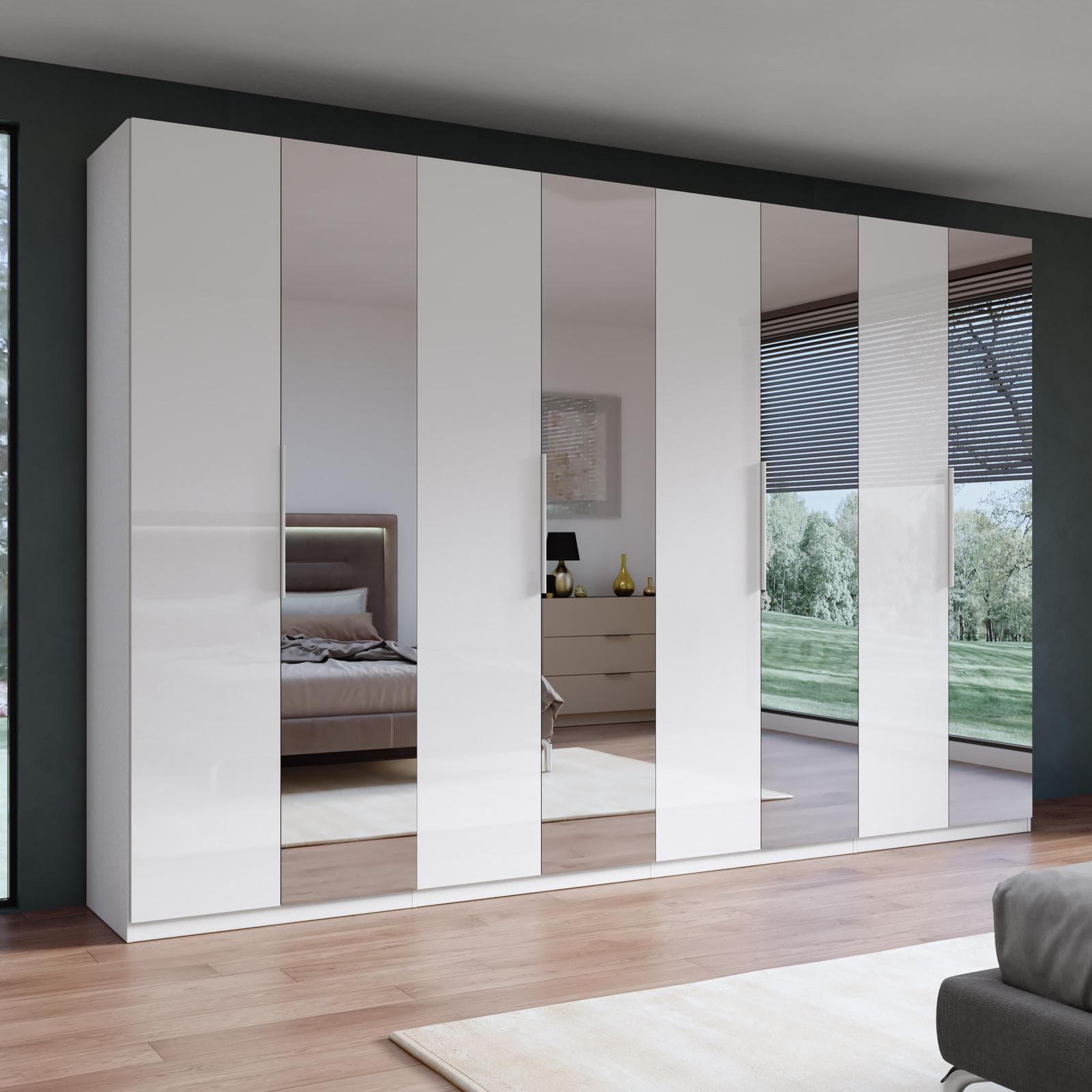 Armadio battente 364x240h cm 8 ante reversibili con 4 specchi e soft close bianco lucido - Cindy