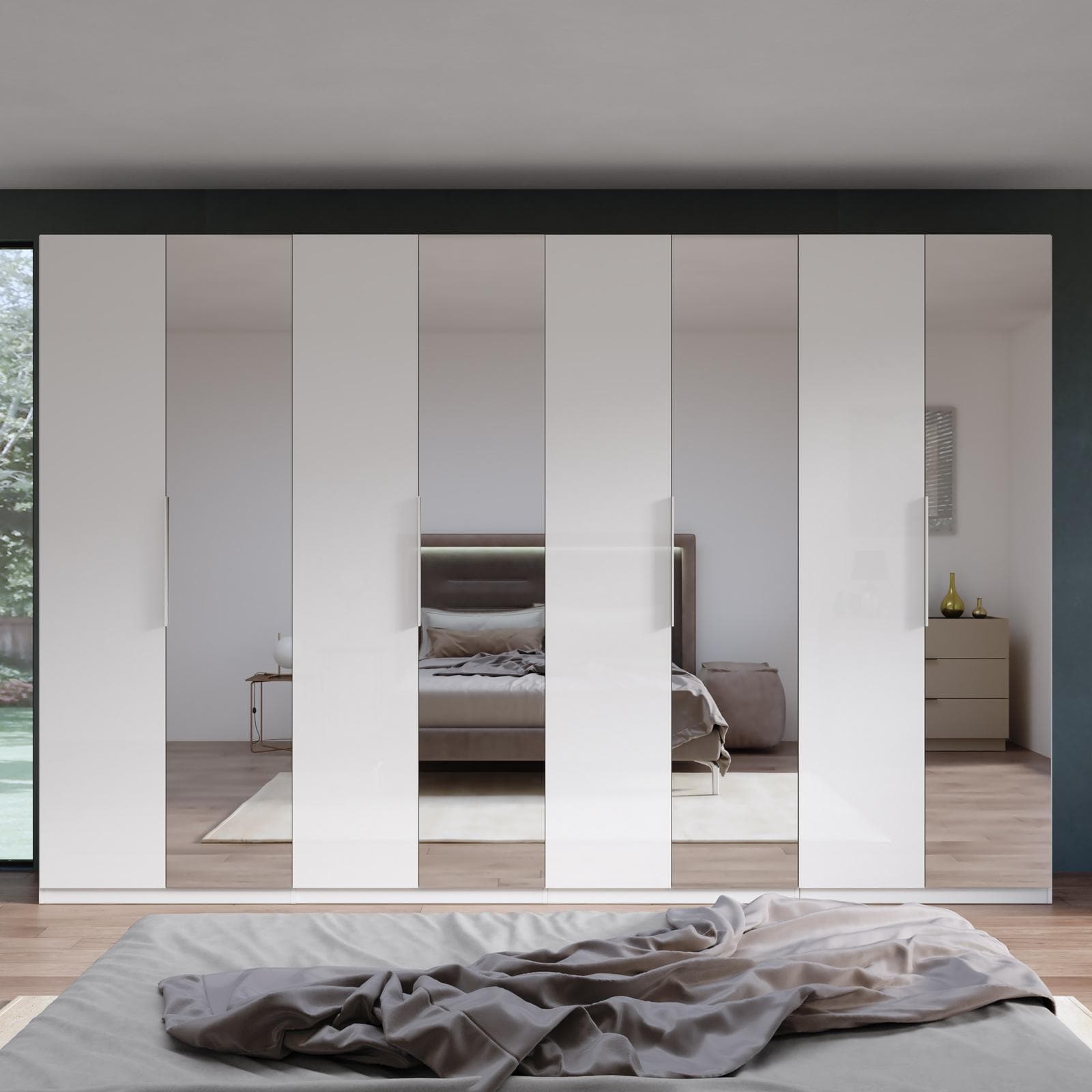 Armadio battente 364x240h cm 8 ante reversibili con 4 specchi e soft close bianco lucido - Cindy
