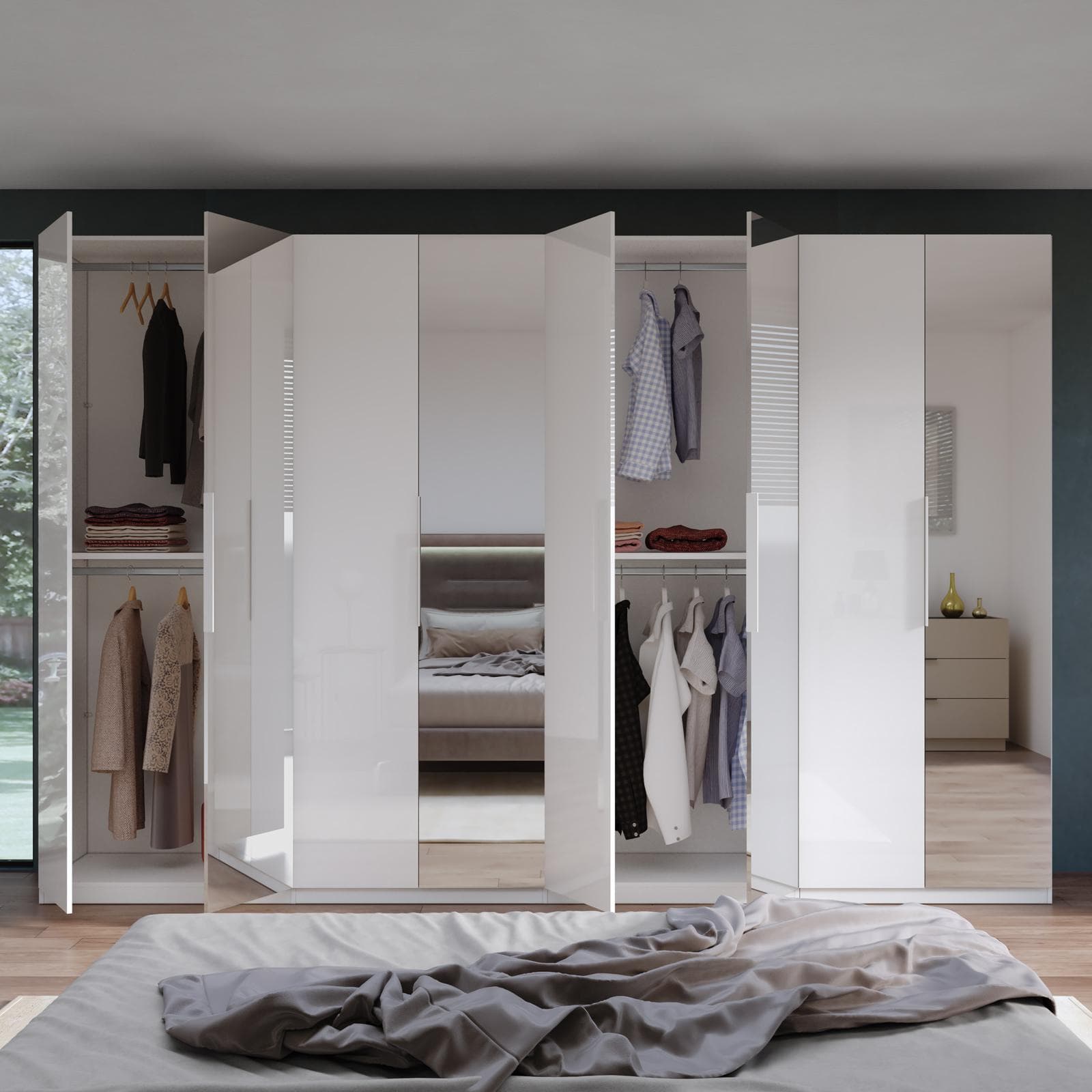 Armadio battente 364x240h cm 8 ante reversibili con 4 specchi e soft close bianco lucido - Cindy