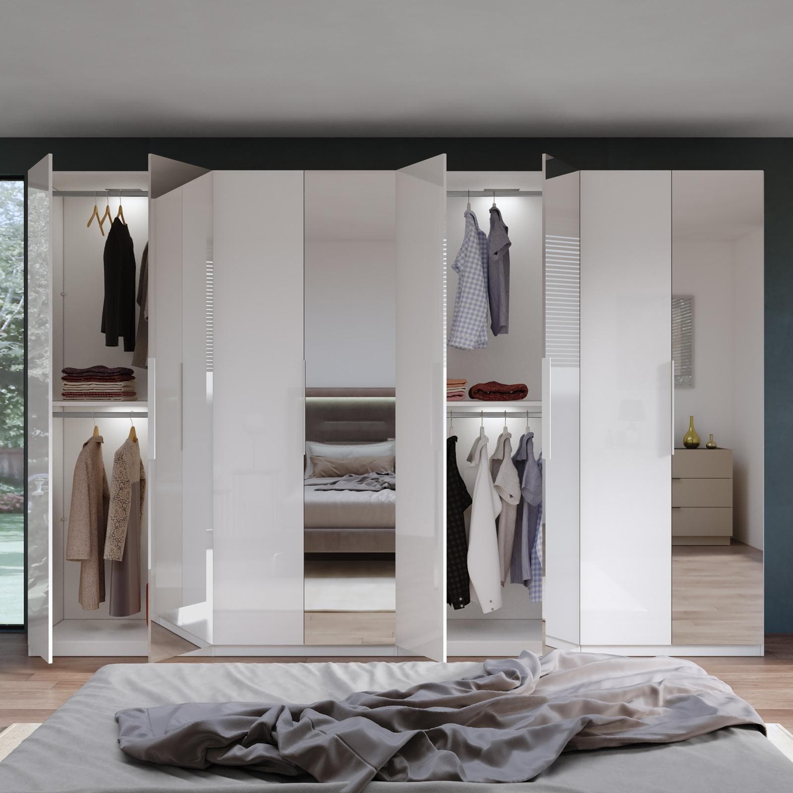 Armadio battente 364x240h cm 8 ante reversibili con 4 specchi e soft close bianco lucido - Cindy