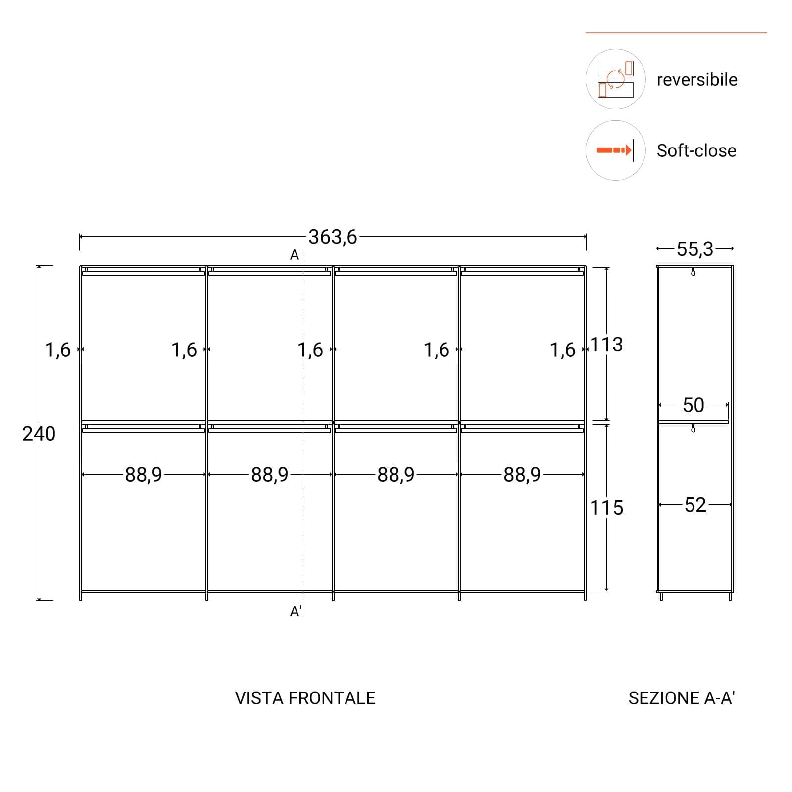 Armadio battente 364x240h cm 8 ante reversibili con 4 specchi e soft close bianco lucido - Cindy