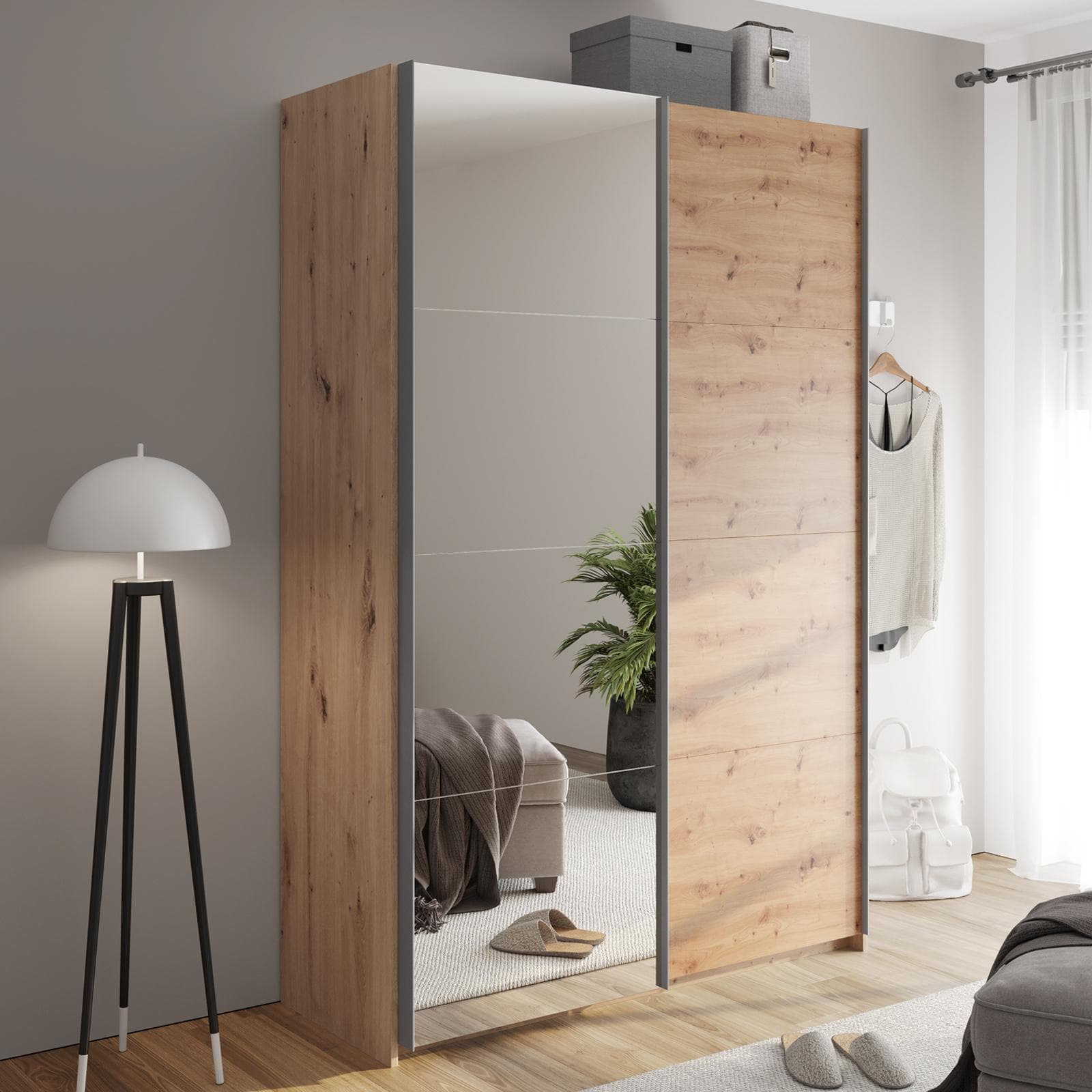 Armadio 150x223h cm con due ante scorrevoli in rovere artisan con specchio - Alen