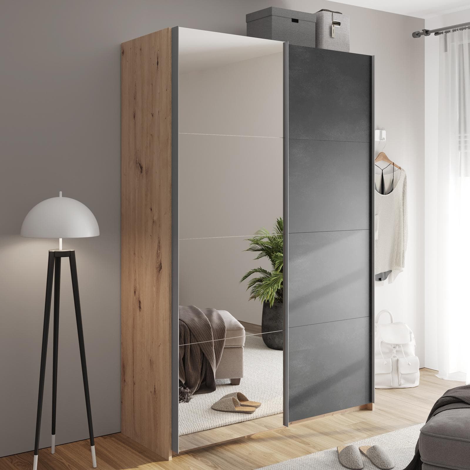 Armadio 150x223h cm rovere artisan con due ante scorrevoli grigio tadao e specchio - Alen