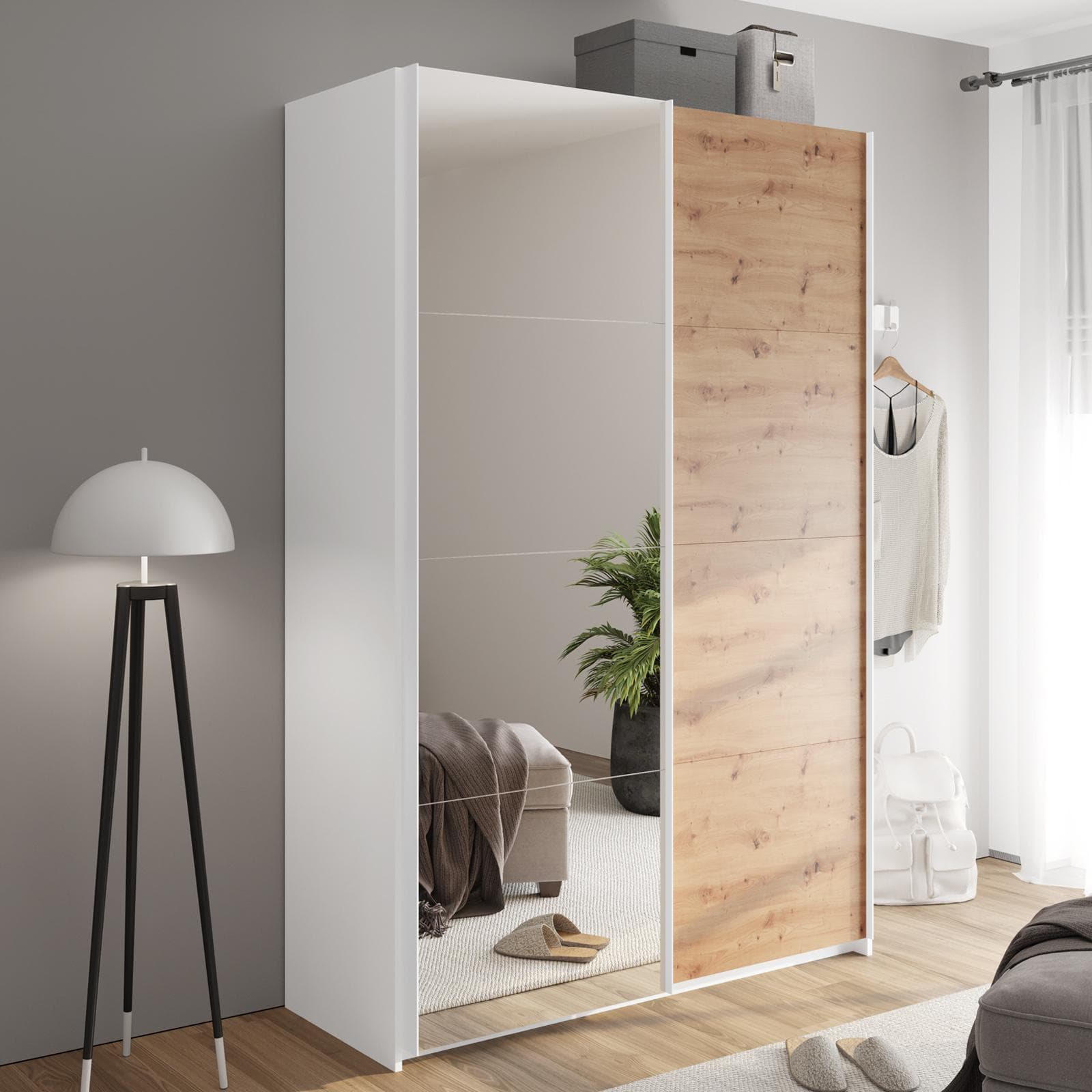 Armadio 150x223h cm con due ante scorrevoli in rovere artisan e specchio - Alen