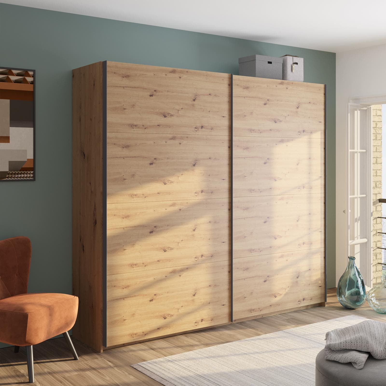Armadio 250x223h cm con due ante scorrevoli rovere artisan - Alen