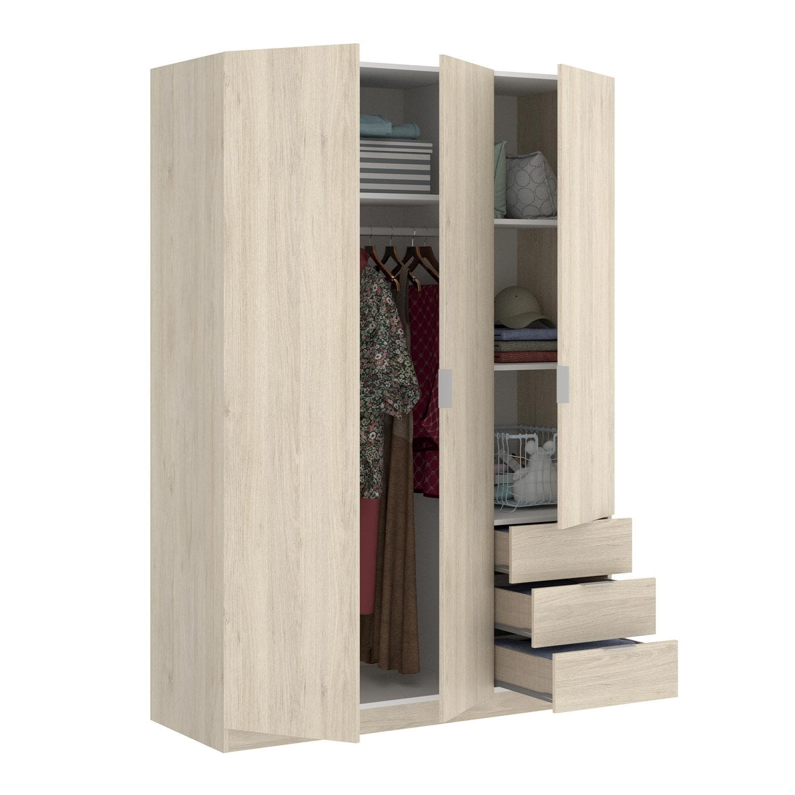 Armadio 121x184 h cm con 3 ante e cassetti in legno naturale - Axel