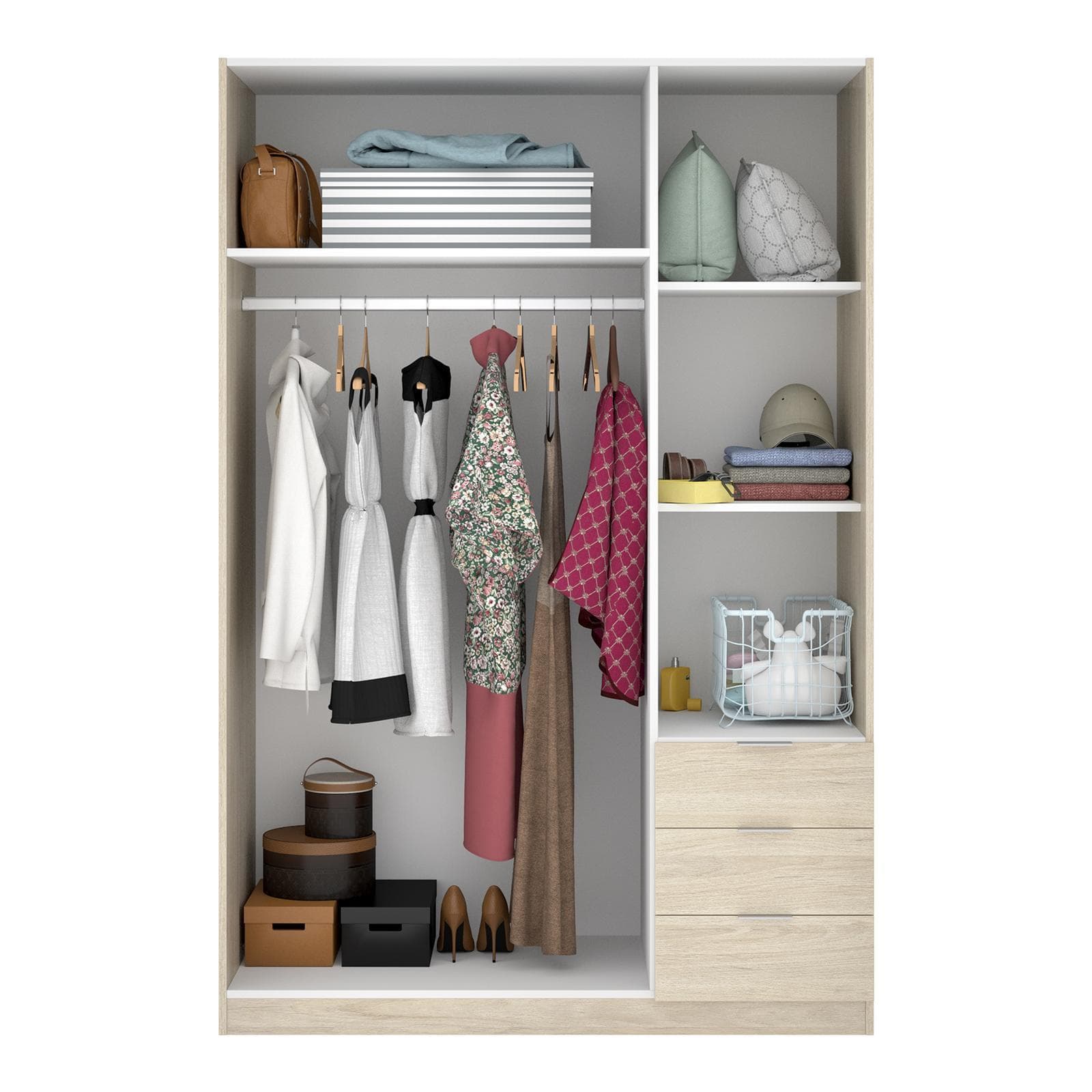 Armadio 121x184 h cm con 3 ante e cassetti in legno naturale - Axel