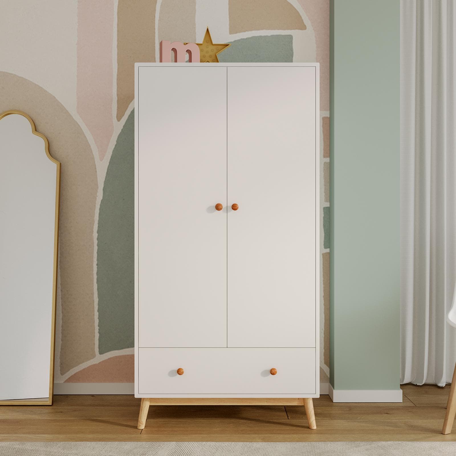 Armadio per bambini 80x159h cm in legno naturale e bianco con 2 ante - Lollipop