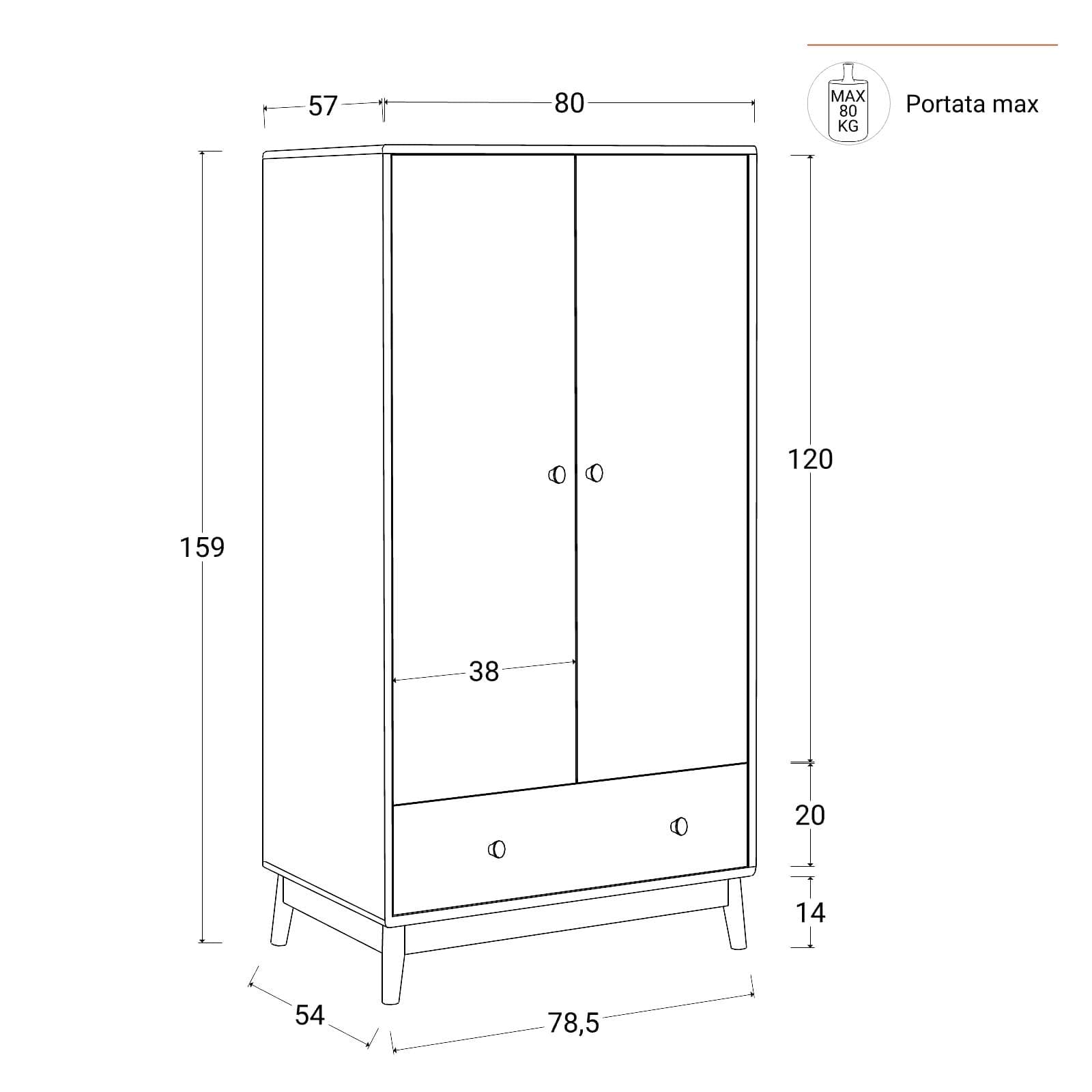 Armadio per bambini 80x159h cm in legno naturale e bianco con 2 ante - Lollipop