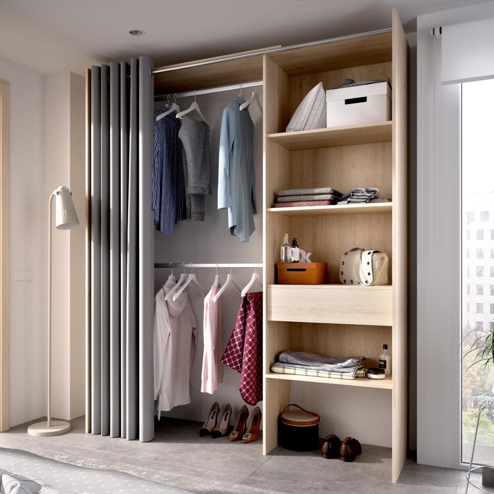 Armadio regolabile 160-110x205 h cm in rovere naturale con tenda - Bernac