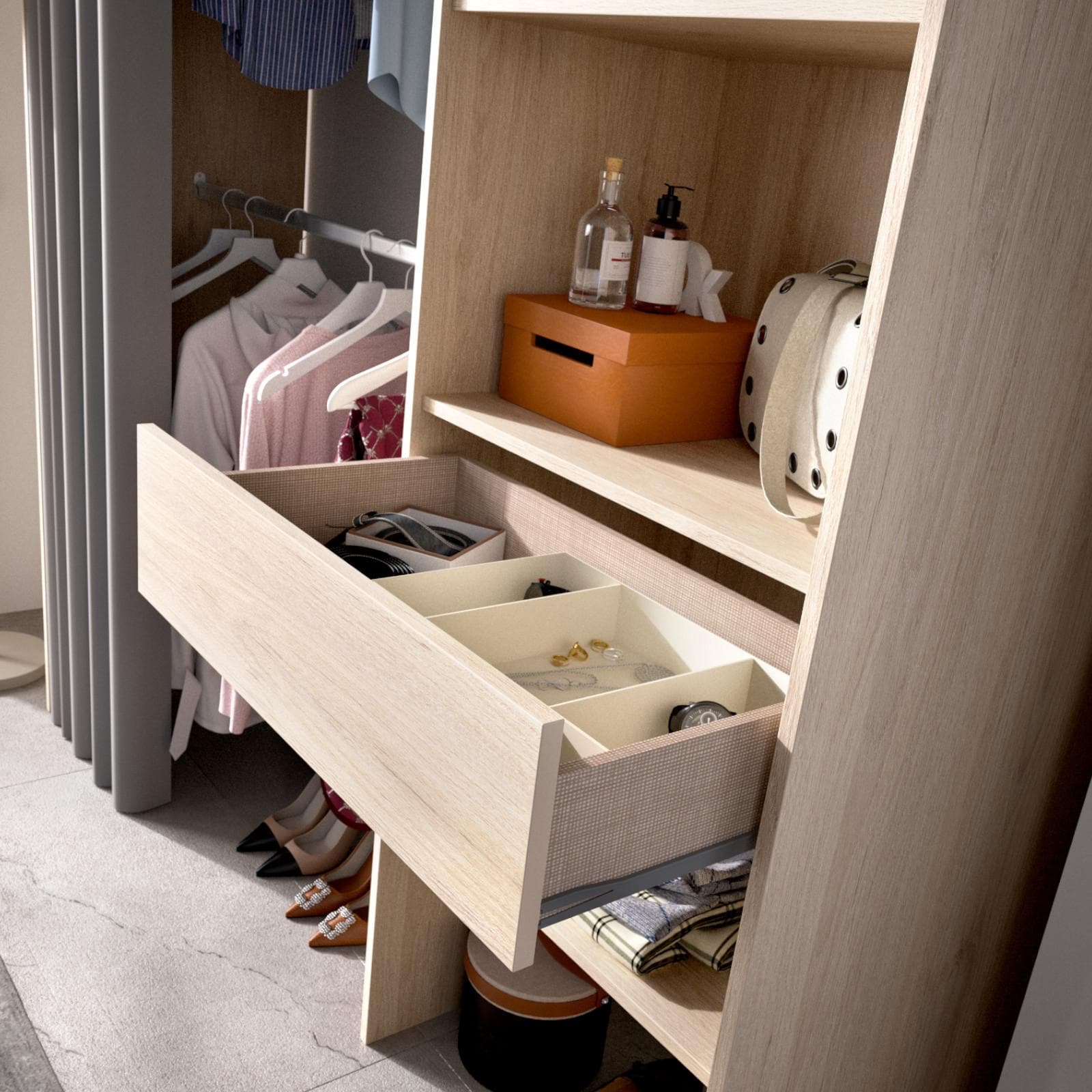 Armadio regolabile 160-110x205 h cm in rovere naturale con tenda - Bernac