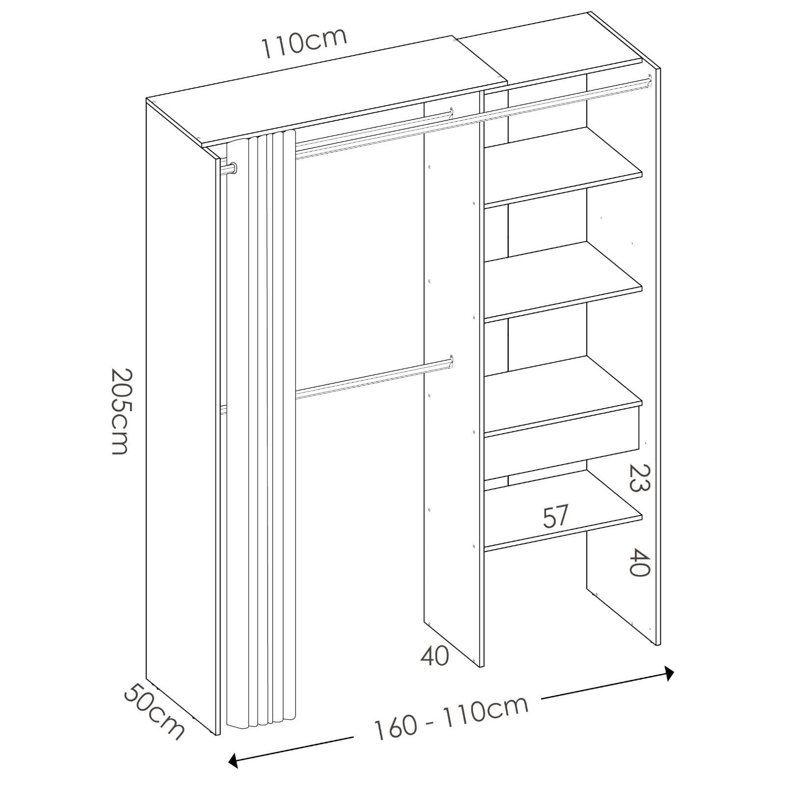 Armadio regolabile 160-110x205 h cm in rovere naturale con tenda - Bernac