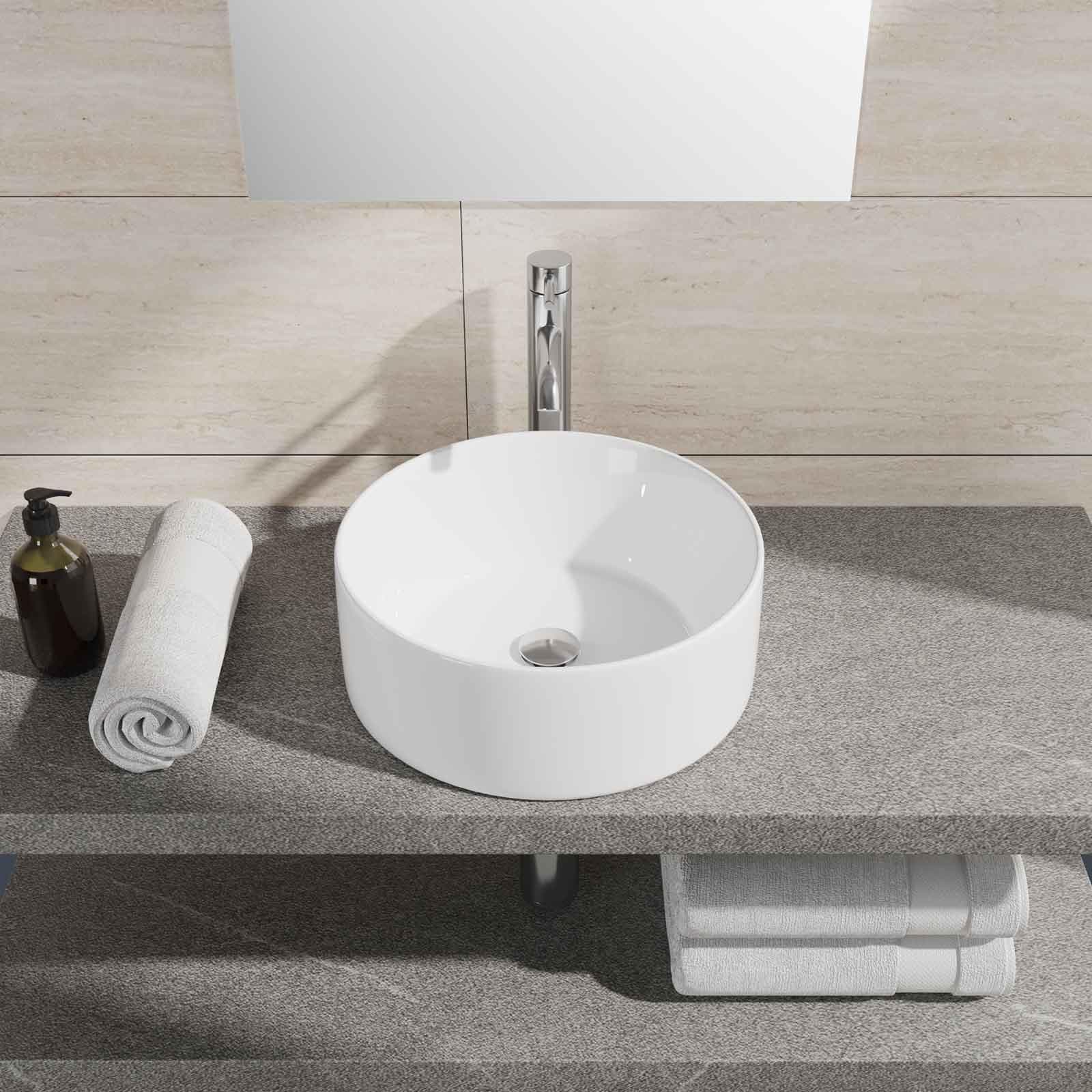 Bacinella in ceramica lavabo d'appoggio tondo 40 cm bianco lucido in ceramica