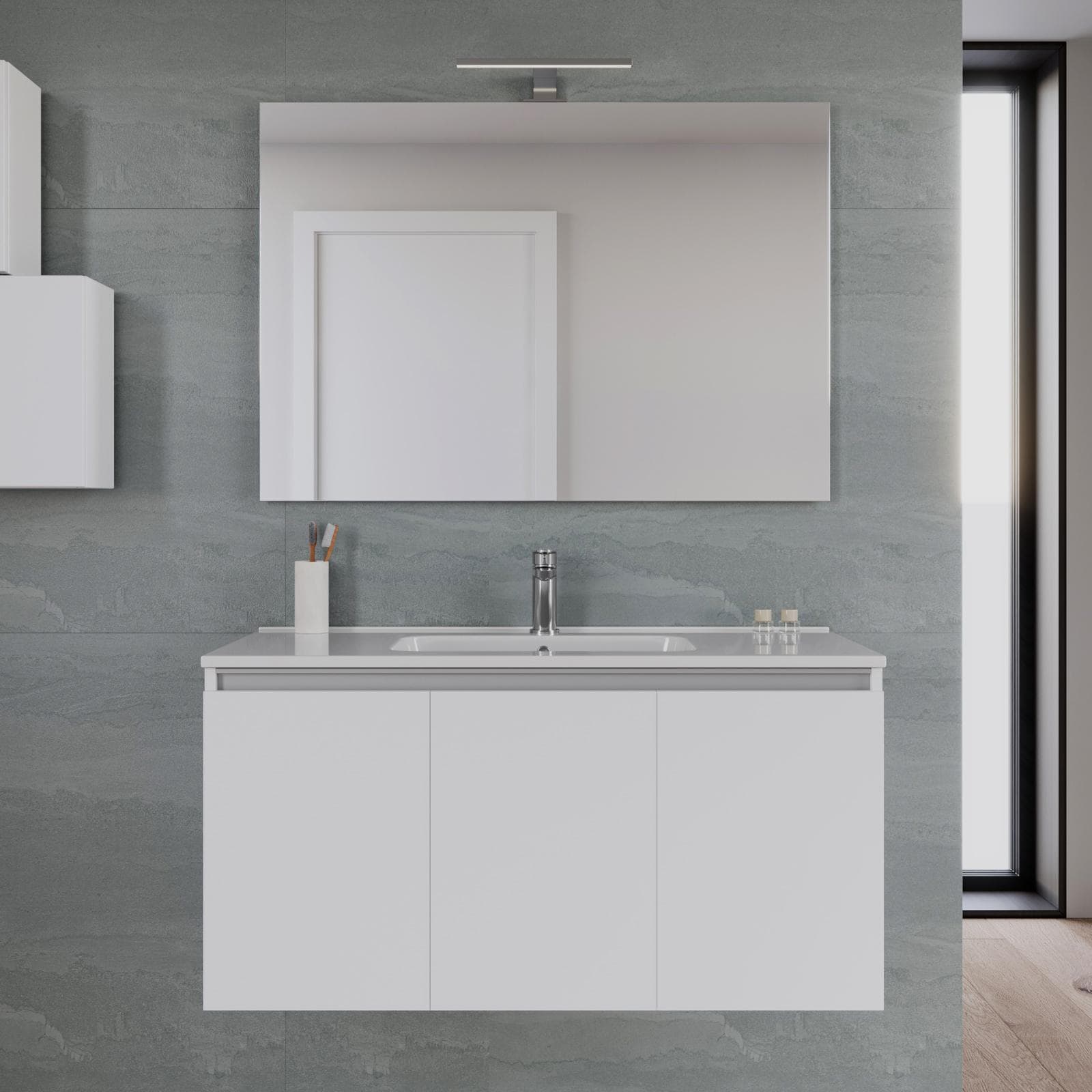 Bagno completo con mobile sospeso 100 cm bianco opaco 3 ante con specchio sanitari e miscelatori - Davis