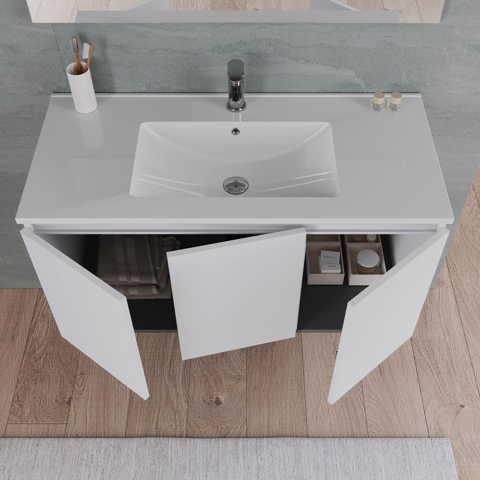 Bagno completo con mobile sospeso 100 cm bianco opaco 3 ante con specchio sanitari e miscelatori - Davis