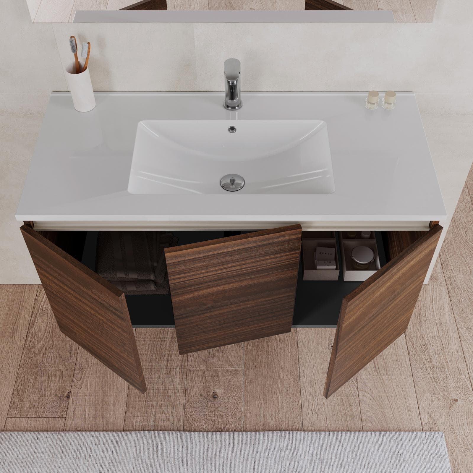 Bagno completo con mobile sospeso 100 cm rovere deciso 3 ante con specchio sanitari e miscelatori - Davis