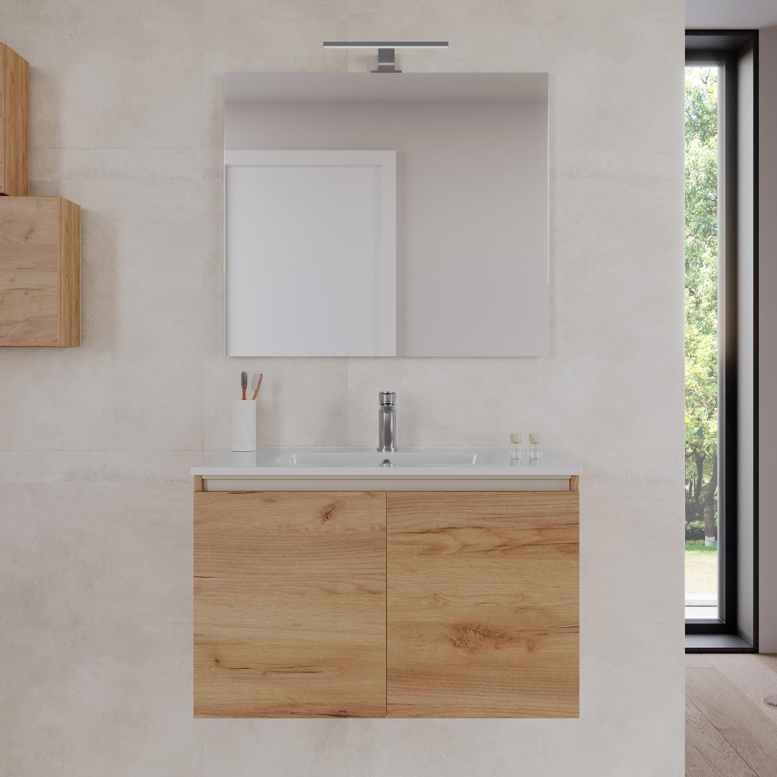 Bagno completo con mobile sospeso 80 cm rovere gold 2 ante con specchio sanitari e miscelatori - Davis