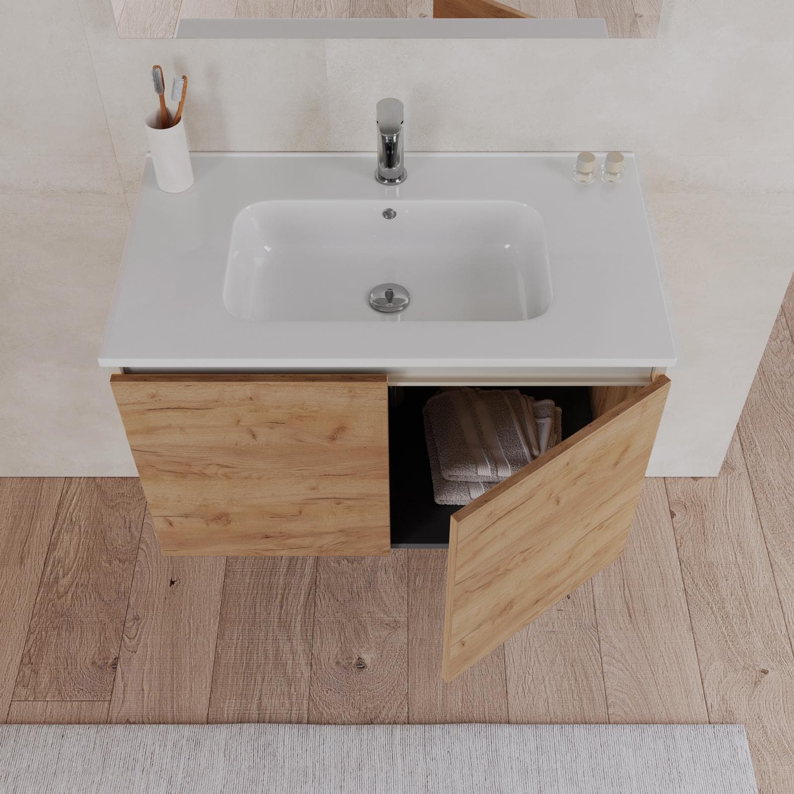 Bagno completo con mobile sospeso 80 cm rovere gold 2 ante con specchio sanitari e miscelatori - Davis
