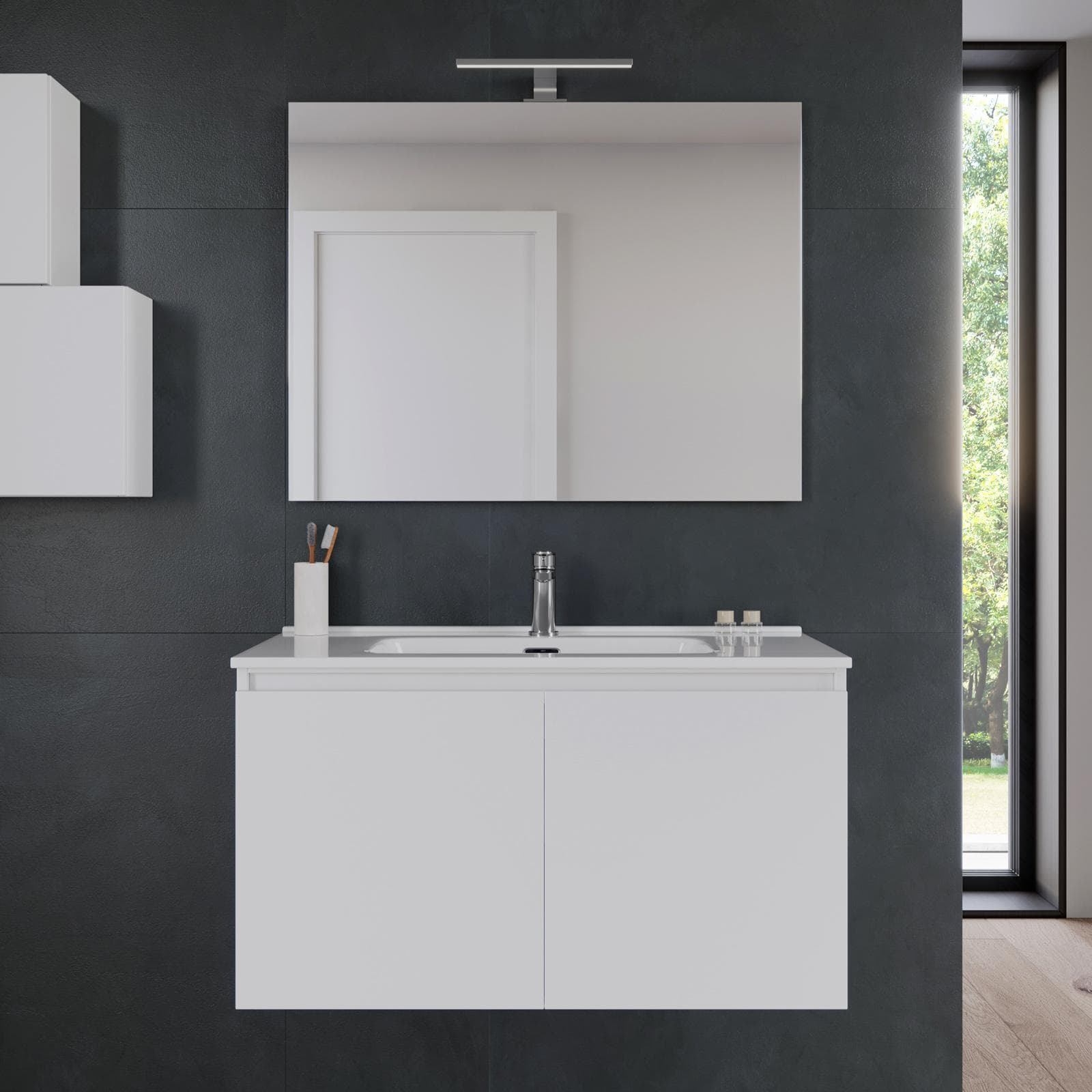 Bagno completo con mobile sospeso 90 cm bianco opaco 2 ante con sanitari con miscelatori e specchio - Davis