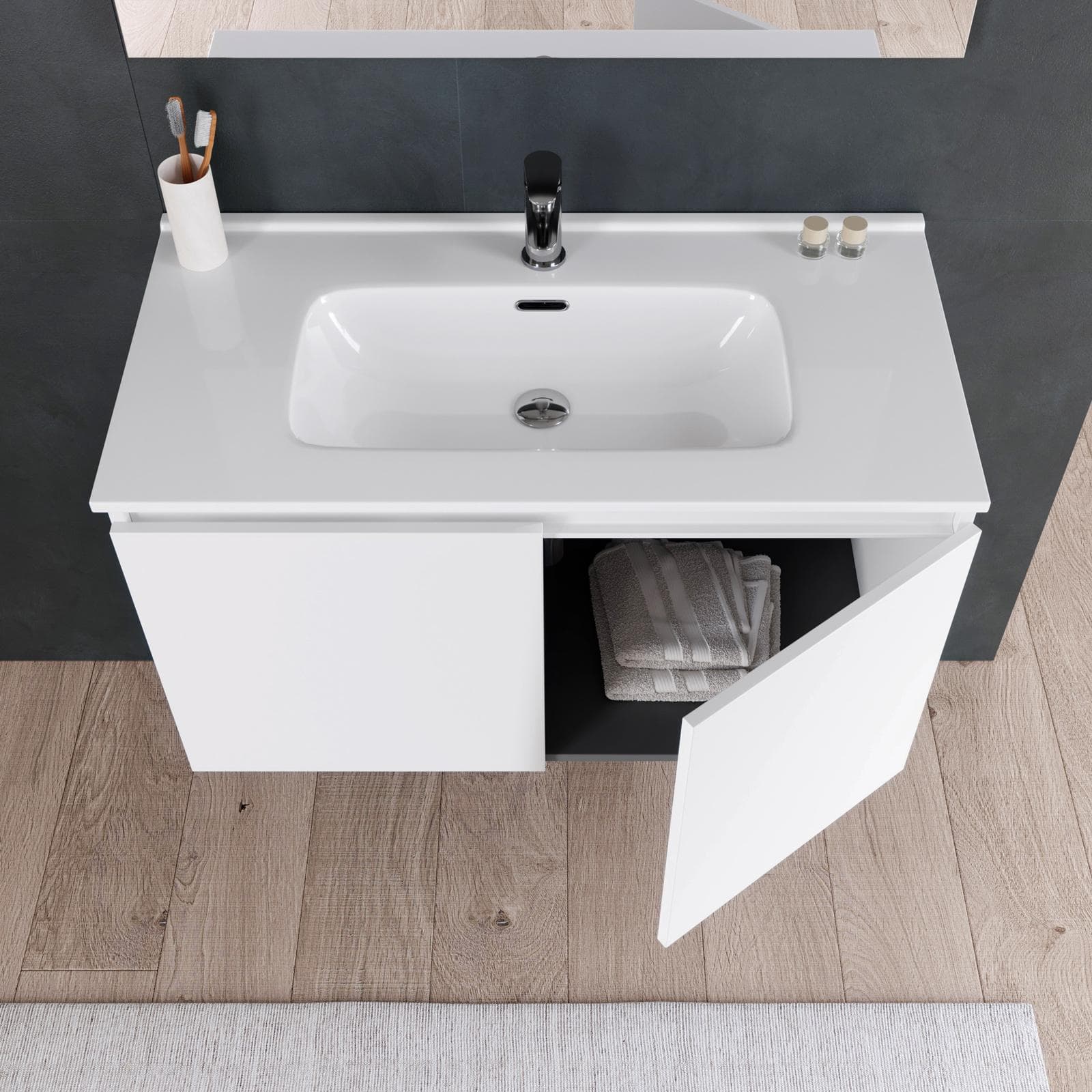 Bagno completo con mobile sospeso 90 cm bianco opaco 2 ante con sanitari con miscelatori e specchio - Davis