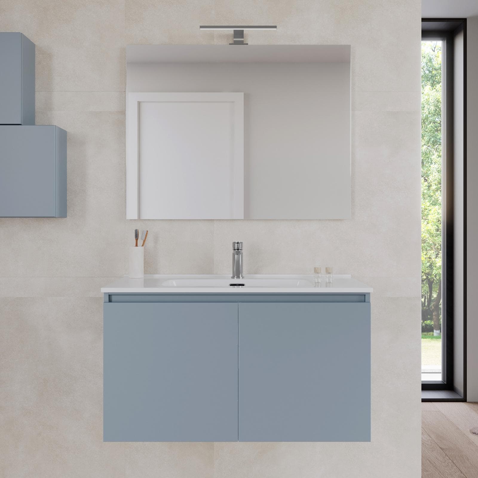 Bagno completo con mobile sospeso 90 cm carta da zucchero 2 ante con sanitari con miscelatori e specchio - Davis