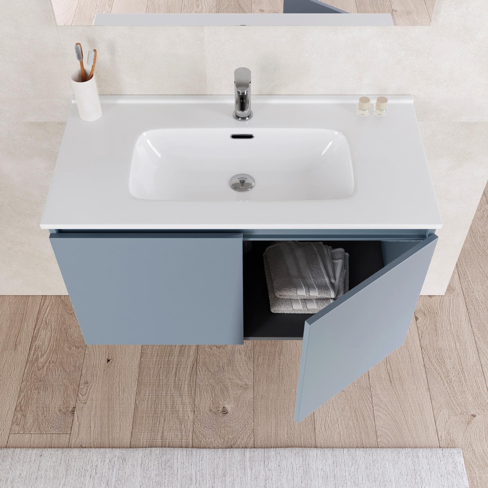 Bagno completo con mobile sospeso 90 cm carta da zucchero 2 ante con sanitari con miscelatori e specchio - Davis