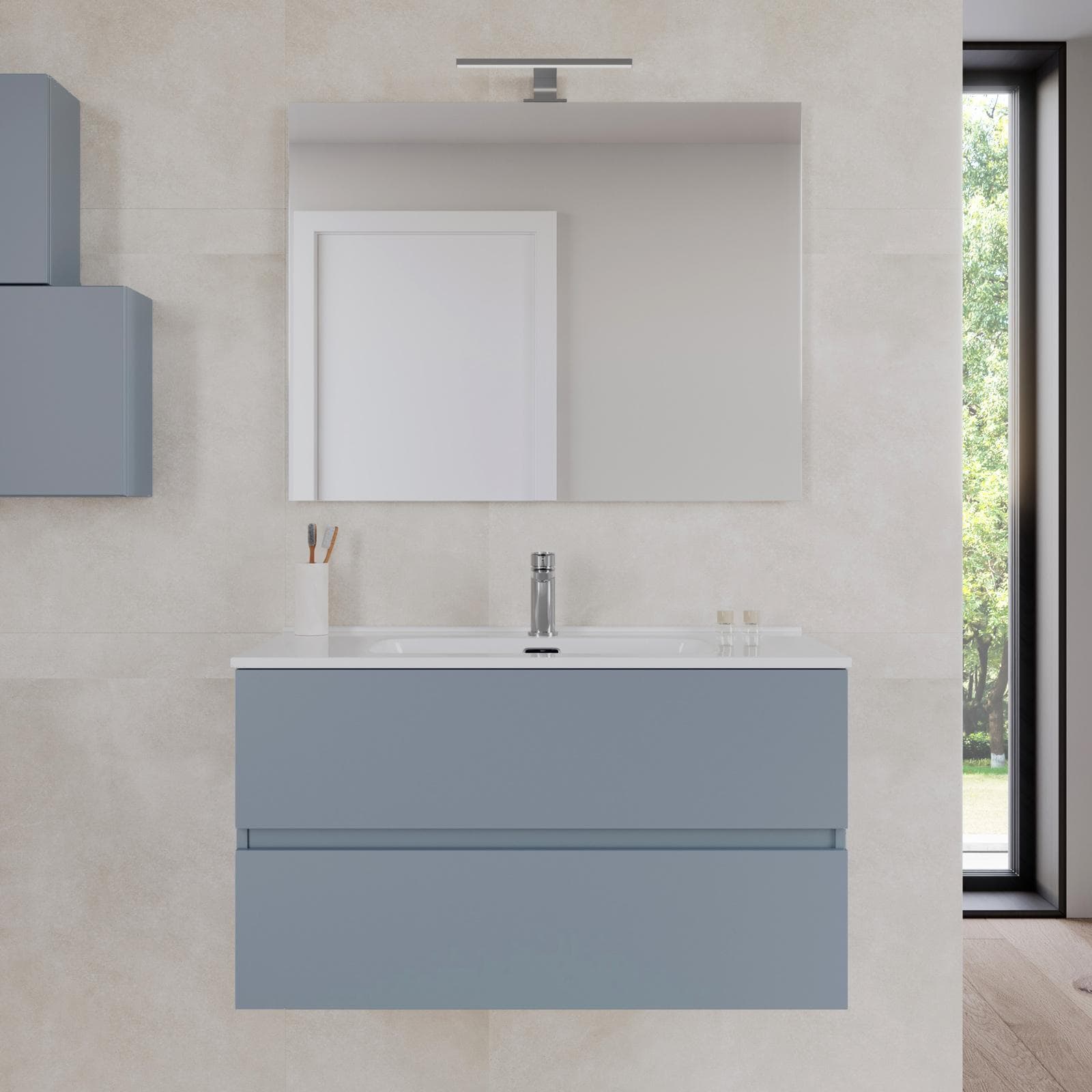 Bagno completo con mobile sospeso 90 cm carta da zucchero 2 cassetti con sanitari con miscelatori e specchio - Davis