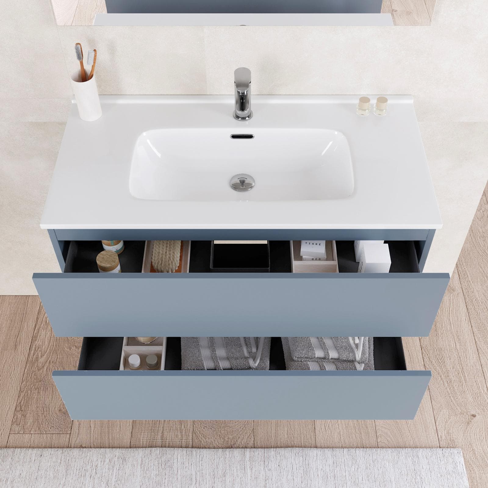 Bagno completo con mobile sospeso 90 cm carta da zucchero 2 cassetti con sanitari con miscelatori e specchio - Davis