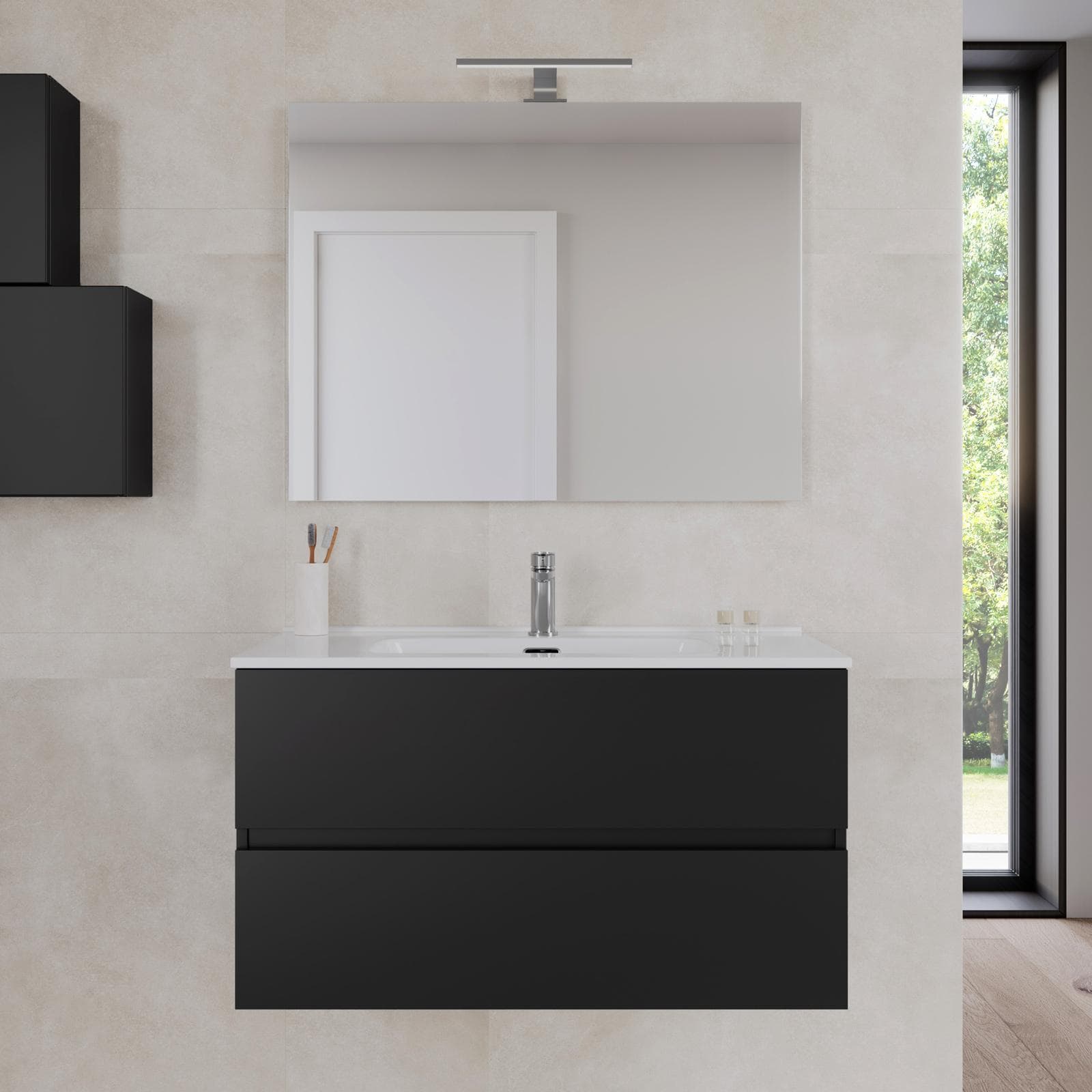 Bagno completo con mobile sospeso 90 cm nero opaco 2 cassetti con sanitari con miscelatori e specchio - Davis