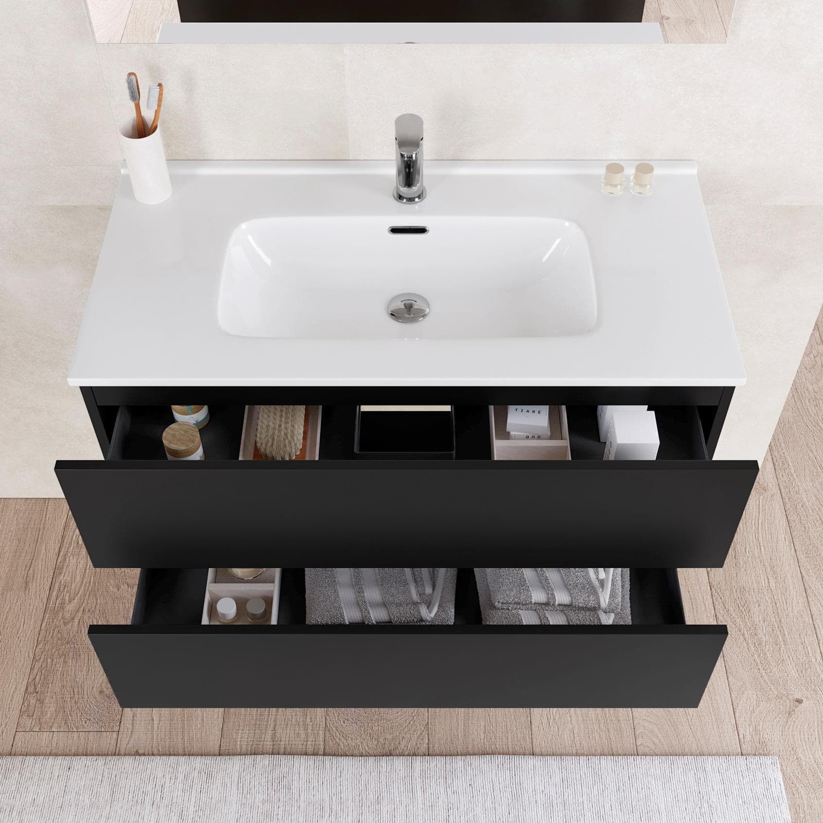 Bagno completo con mobile sospeso 90 cm nero opaco 2 cassetti con sanitari con miscelatori e specchio - Davis