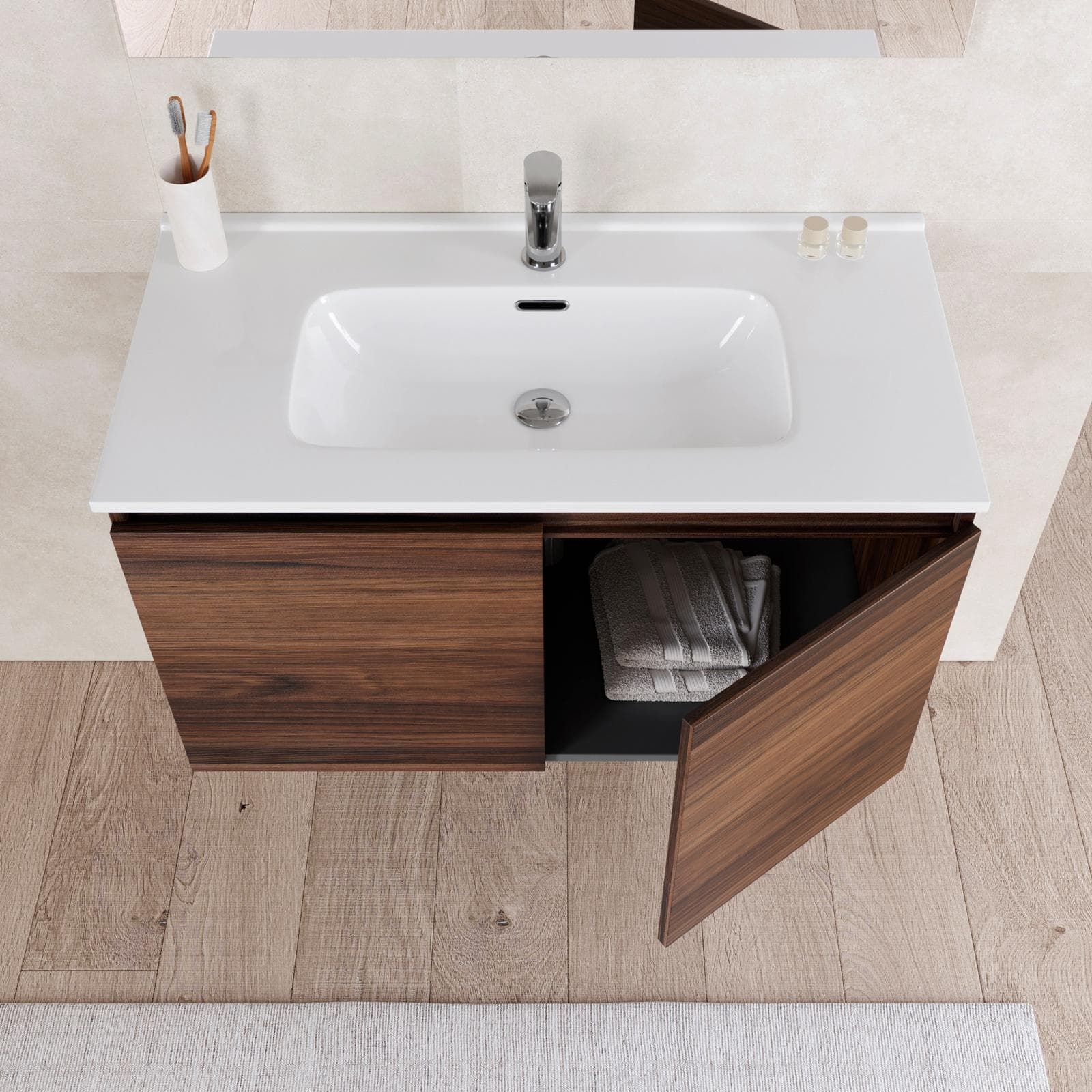 Bagno completo con mobile sospeso 90 cm rovere deciso 2 ante con sanitari con miscelatori e specchio - Davis