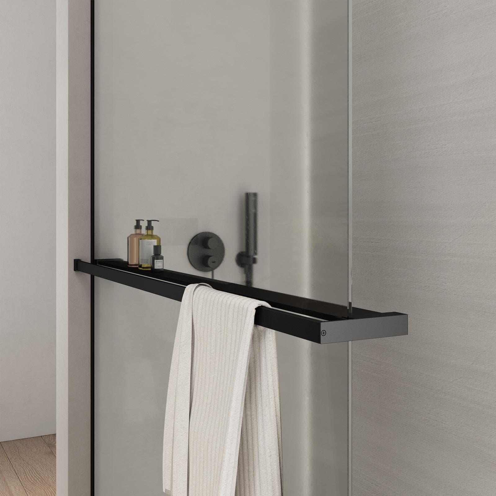 Barra universale per Walk-In porta sapone e asciugamani 140 cm nero riducibile