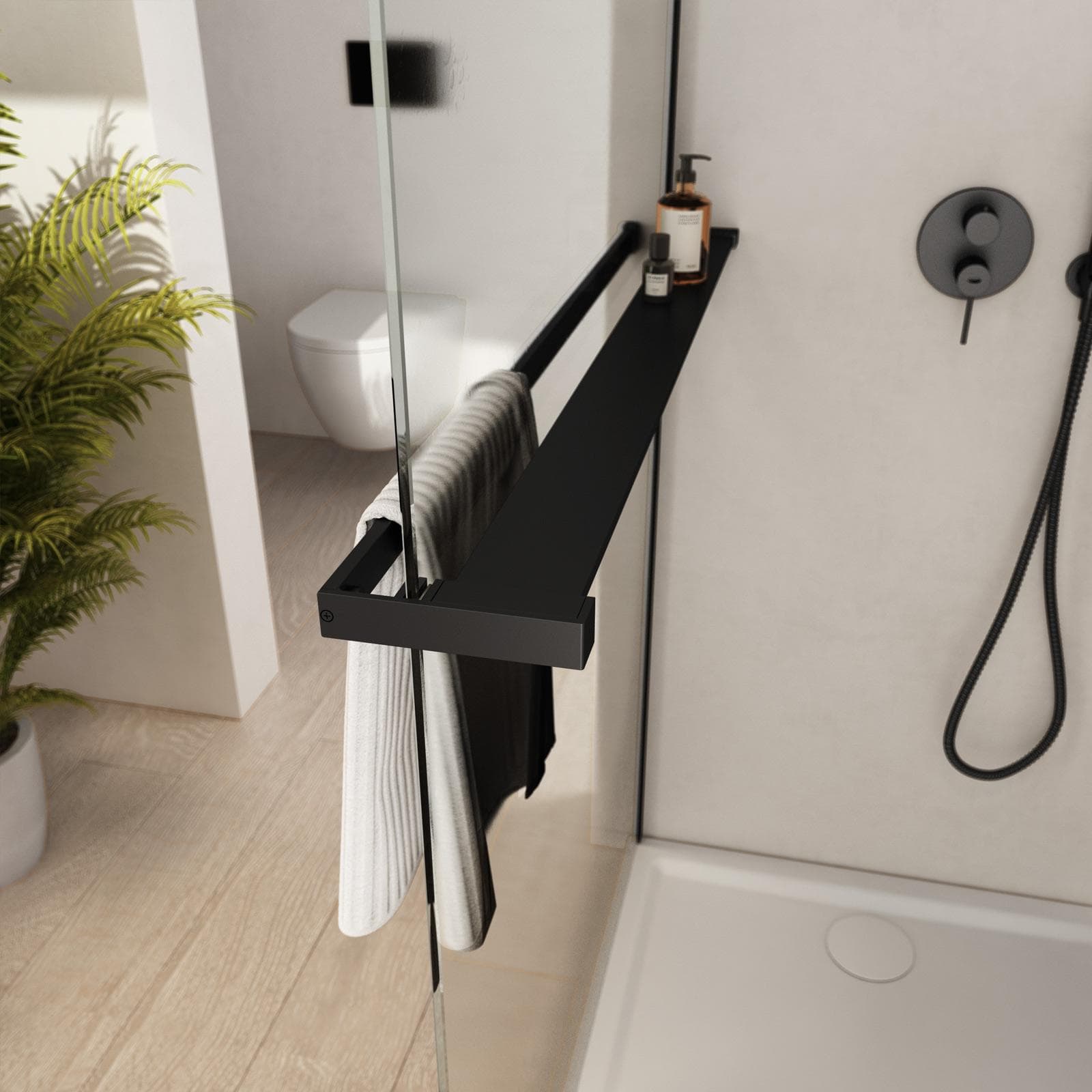 Barra universale per Walk-In porta sapone e asciugamani 80 cm nero riducibile