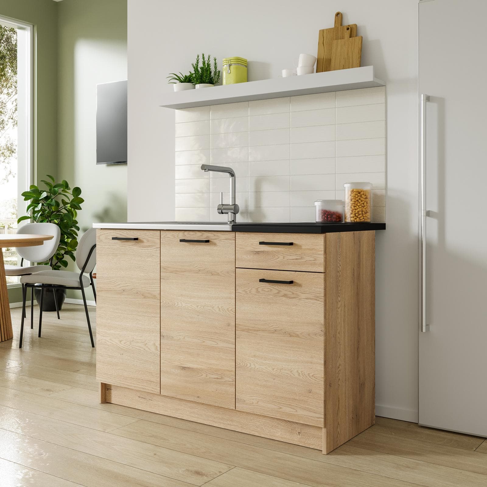 Base sottolavello 120 cm reversibile rovere naturale e top nero con 3 ante e 1 cassetto - Ismeria