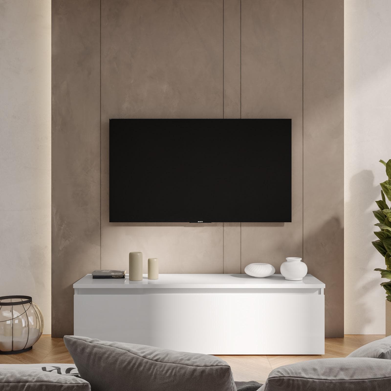 Porta tv 138x40h color bianco lucido con cassettone - Clary