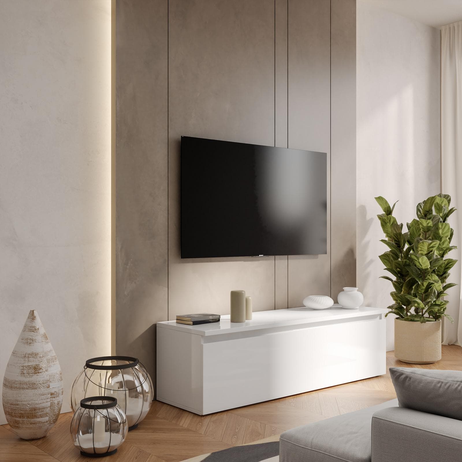 Porta tv 138x40h color bianco lucido con cassettone - Clary