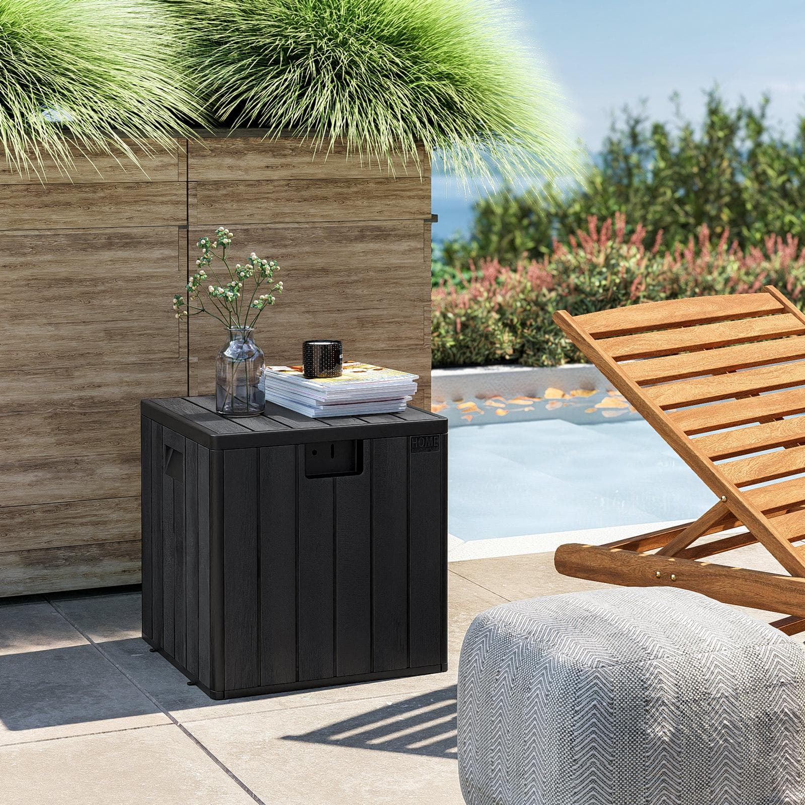 Baule contenitore da esterno 50x50x51h cm in resina nero effetto legno - Thago